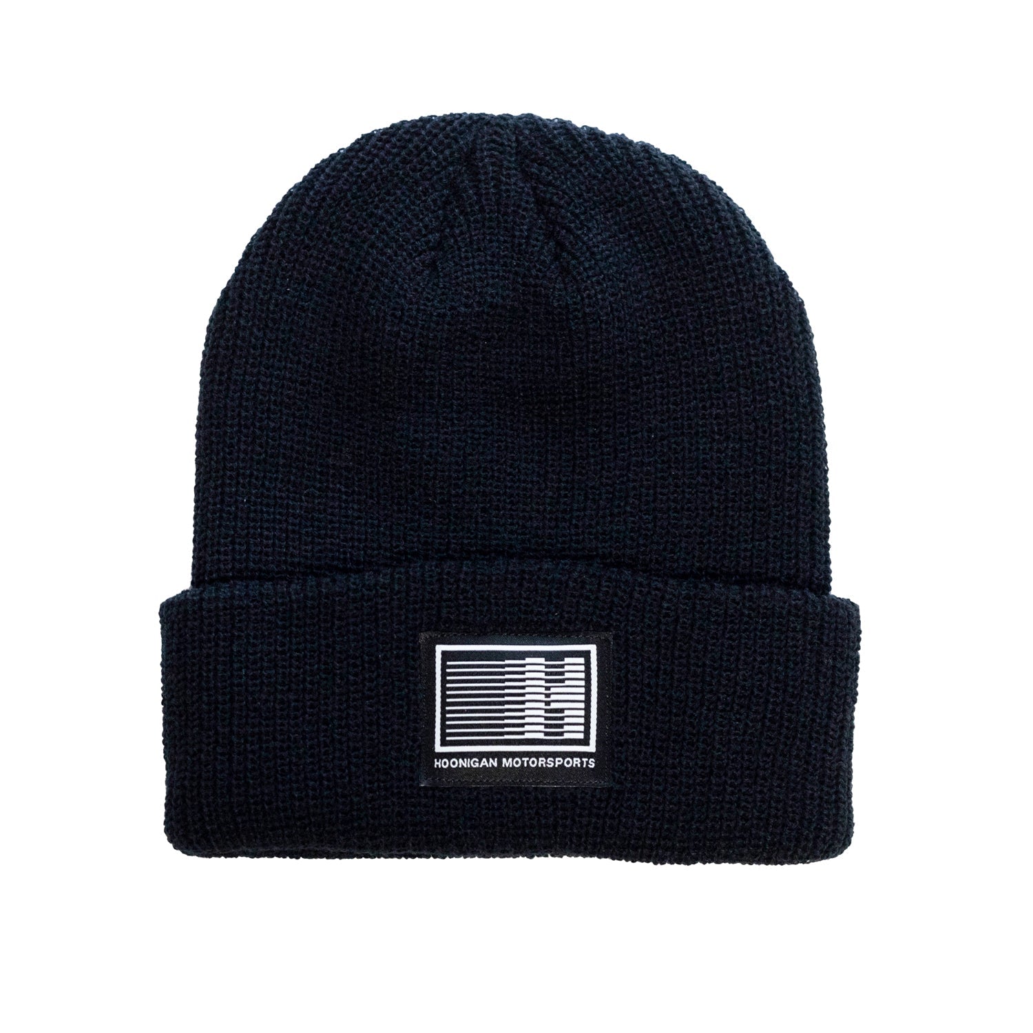 Black Hoonigan Motorsports beanie featuring a white logo on the front, made for warmth and style.