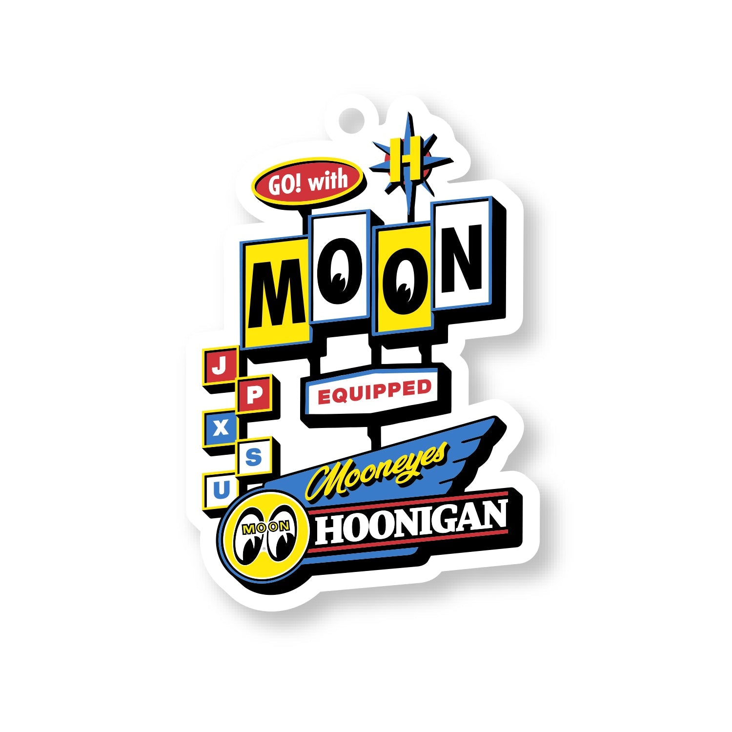 Hoonigan x Mooneyes MOON MOTEL air freshener featuring a retro motel design with vibrant colors and branding logos.