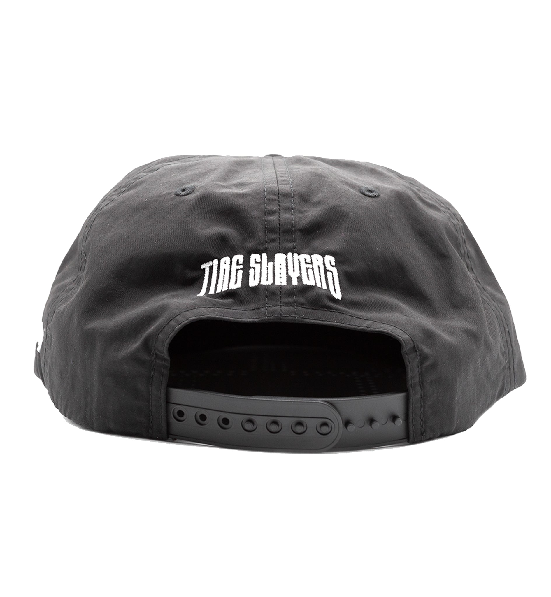 Hoonigan TIRE SLAYER unstructured snapback cap featuring a black fabric with white embroidered logo.