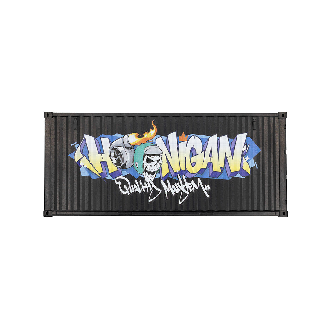 Hoonigan X Spen1 mini shipping container in vibrant colors, featuring detailed graphics and a sleek design, set against a neutral background.