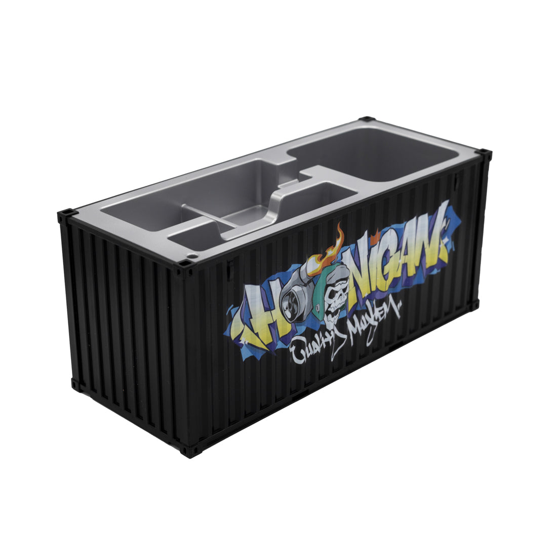 Hoonigan X Spen1 mini shipping container model in vibrant colors with detailed graphics, showcasing a unique design.