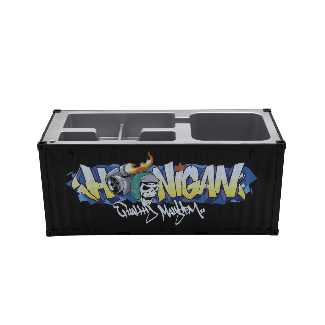 Hoonigan X Spen1 mini shipping container in bright green with graphic designs, featuring a detailed texture and a vibrant logo.