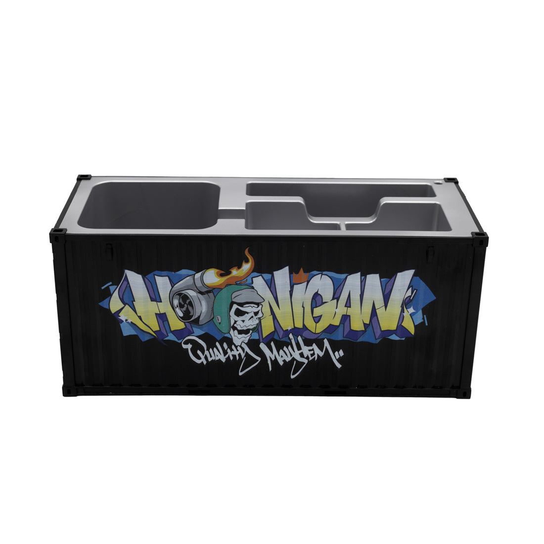 Hoonigan X Spen1 Mini Shipping Container, featuring a sleek design with vibrant graphics and a detailed exterior.