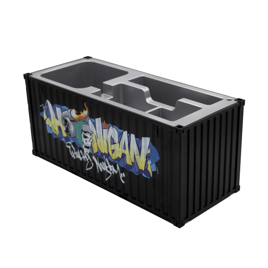 Hoonigan X Spen1 mini shipping container in vibrant colors, featuring unique graphic designs and branding.
