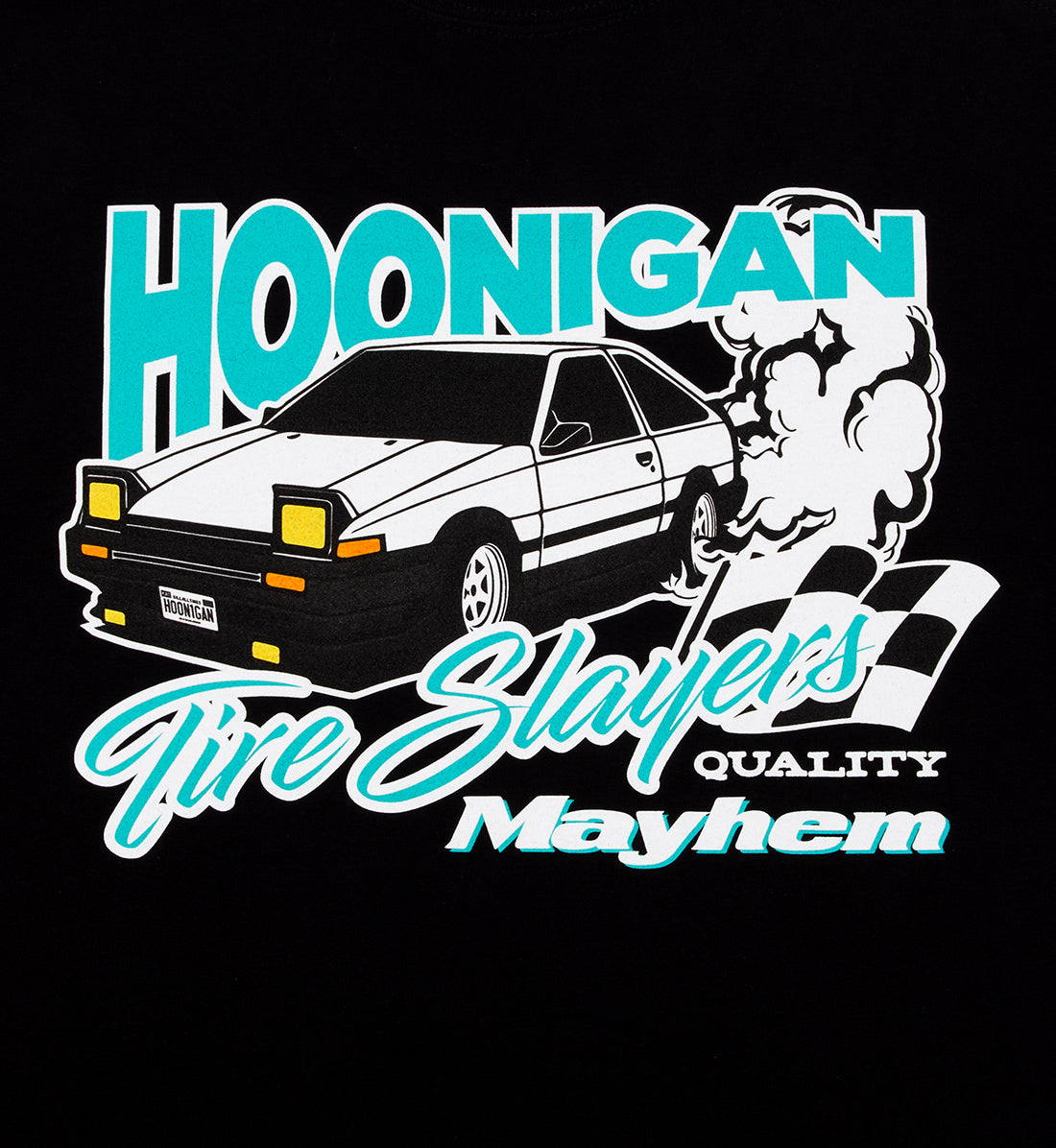 Hoonigan 86 Tire Slayers black short sleeve tee featuring detailed back design.