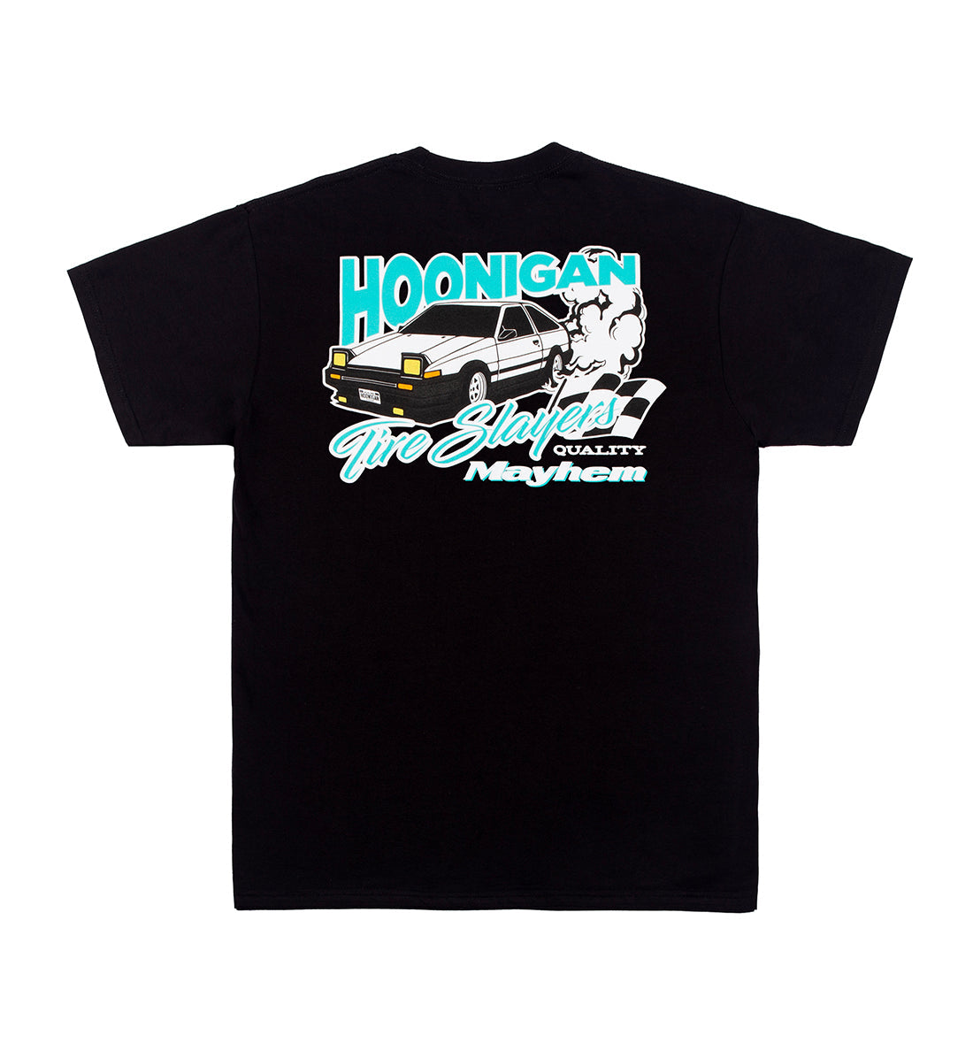 Hoonigan 86 TIRE SLAYERS Short Sleeve Tee black back design with tire slayer graphic.