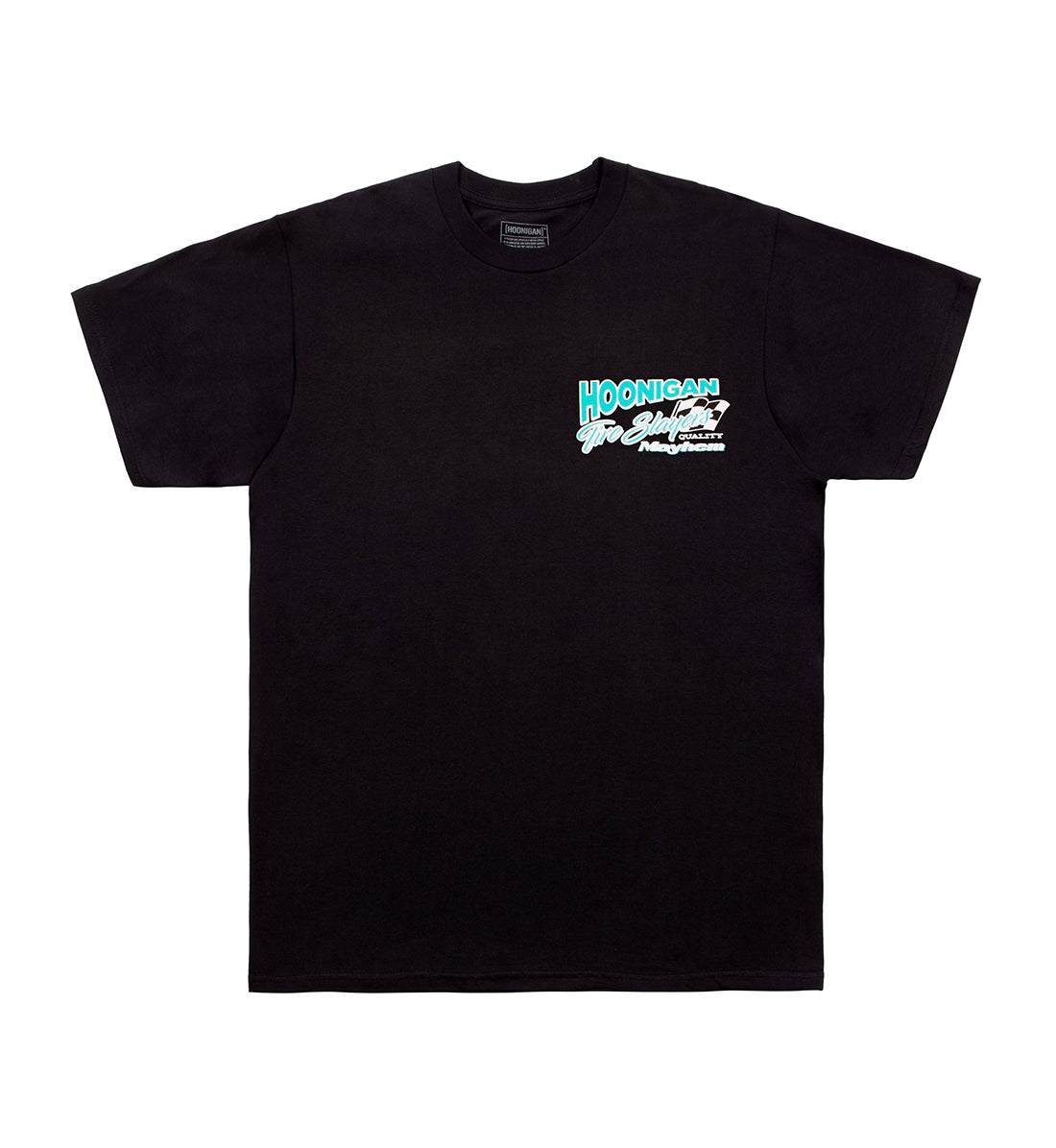 Hoonigan 86 TIRE SLAYERS Short Sleeve Tee in black, featuring a bold graphic design on the front.