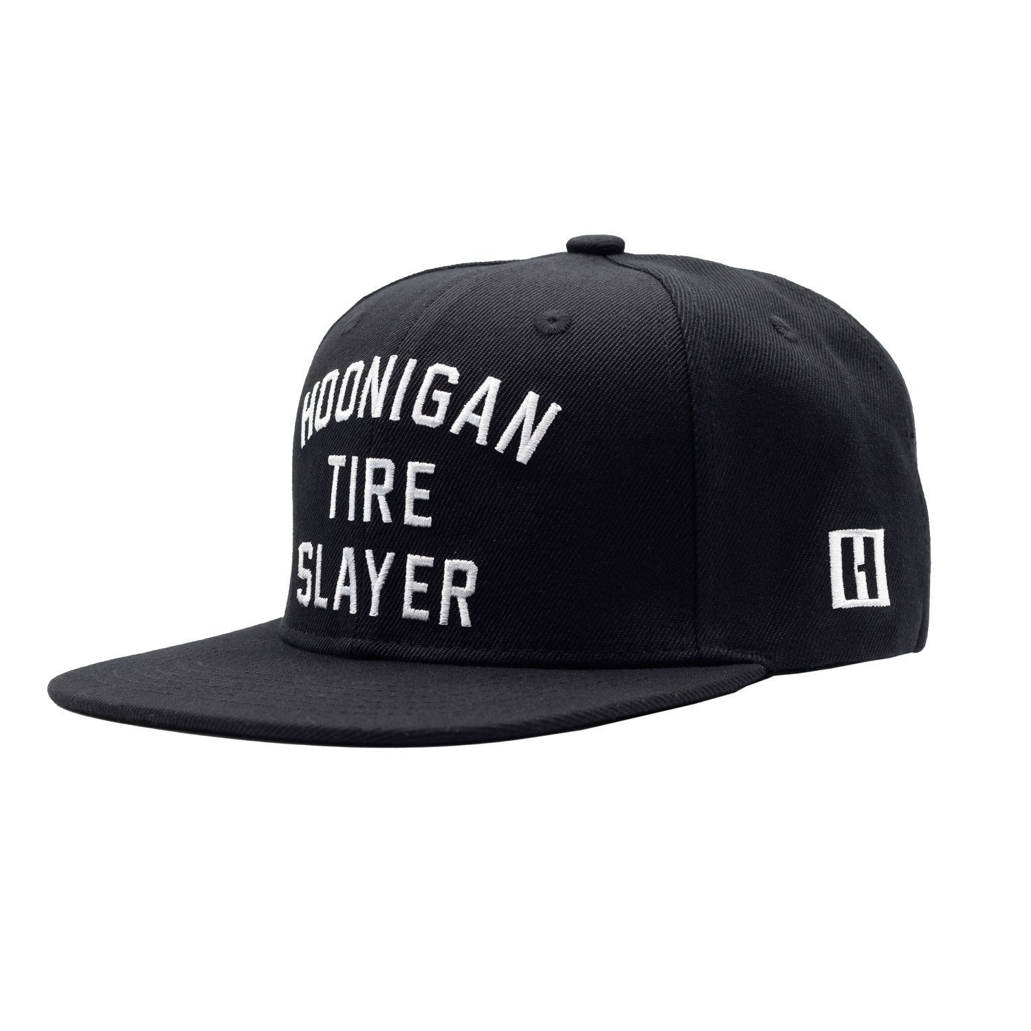 Hoonigan TIRE SLAYER Snapback Hat with black front panel, white logo, and green undervisor, displayed on a white background.