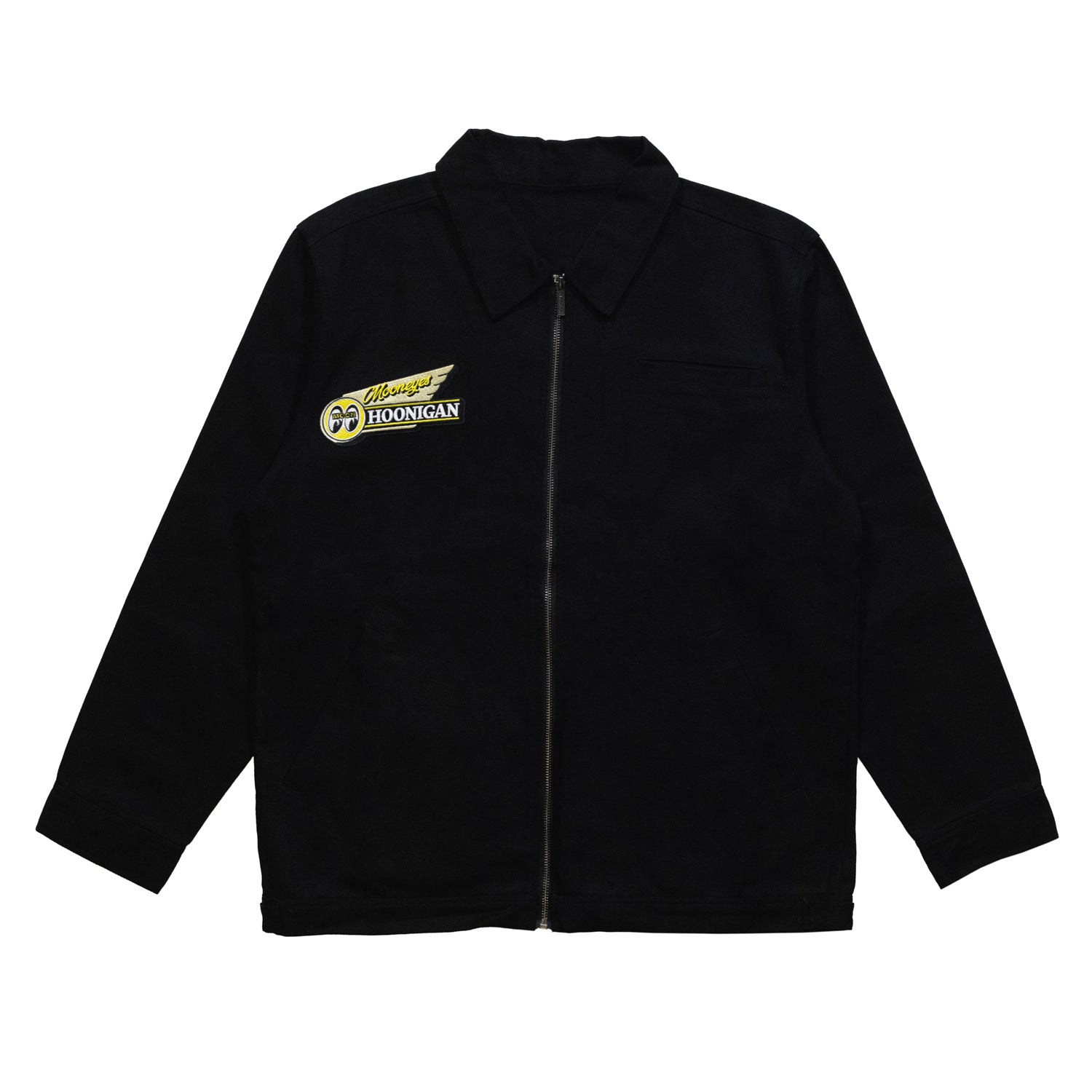 Hoonigan x Mooneyes MOON MOTEL black jacket featuring embroidered logos and a stylish design.