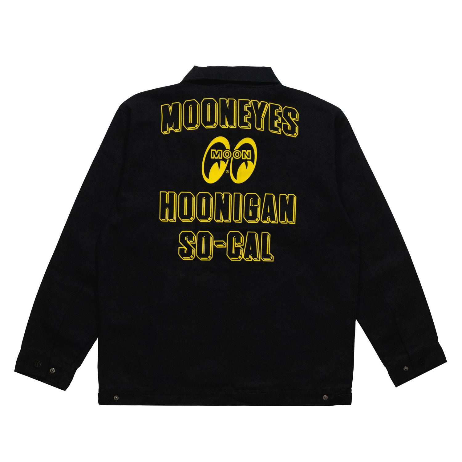Hoonigan x Mooneyes SO CAL Jacket featuring a black design with yellow and white logo graphics.