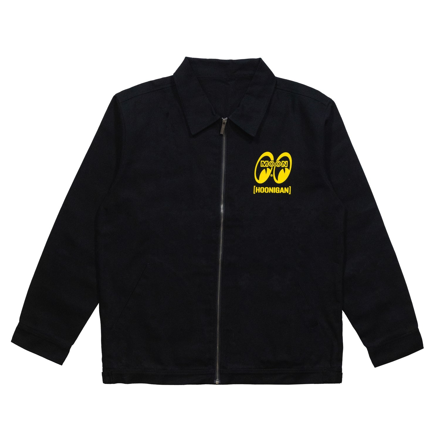 "Hoonigan x Mooneyes SO CAL Jacket featuring a black design with bold graphics and patches, ideal for motorsport enthusiasts."