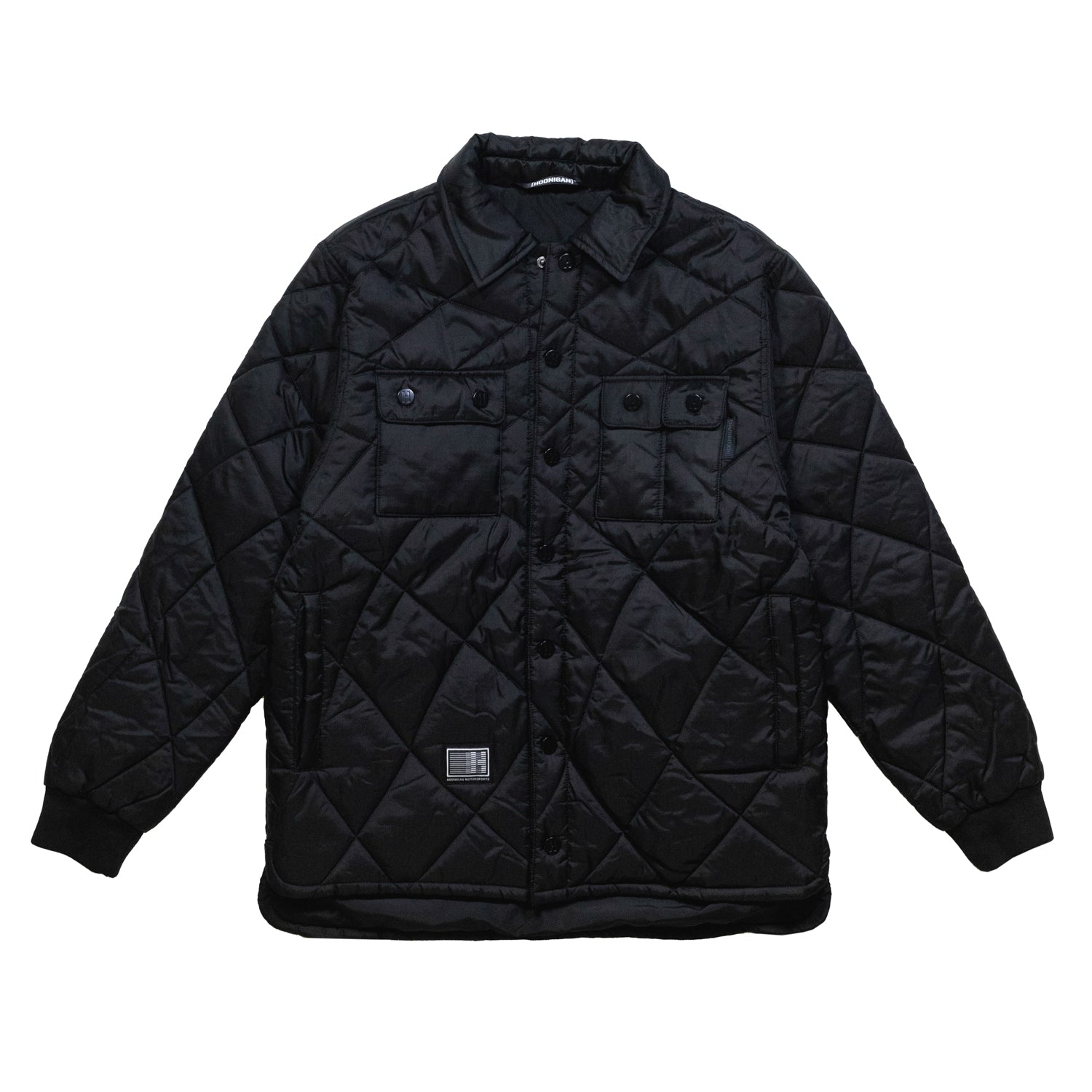 Men's Hoonigan Motorsports VICTOR Quilted Jacket in black, featuring a zip front, stand collar, and quilted pattern.