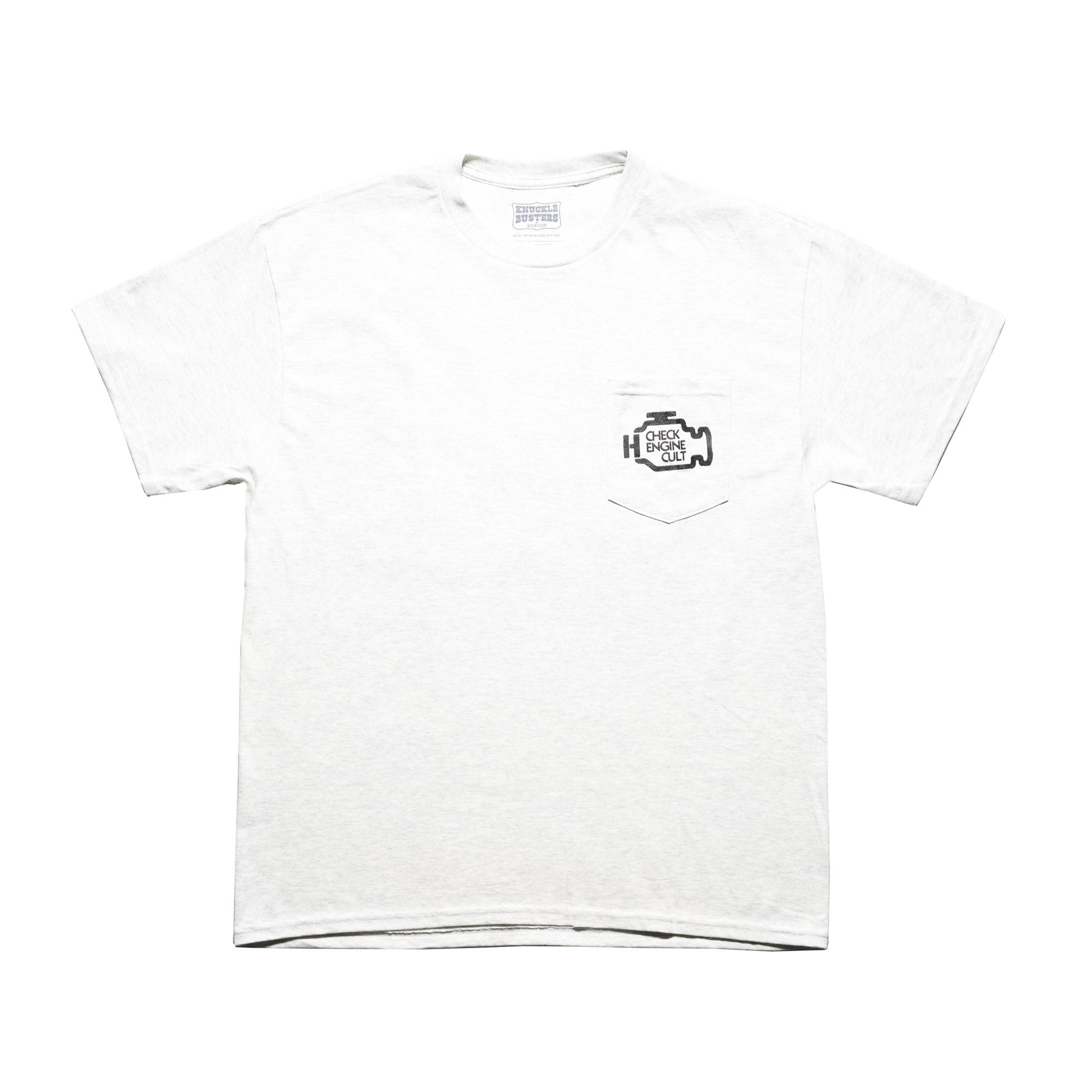 Hoonigan CHECK ENGINE CULT Short Sleeve Tee featuring a graphic design of an engine check light, in black on a white cotton fabric.