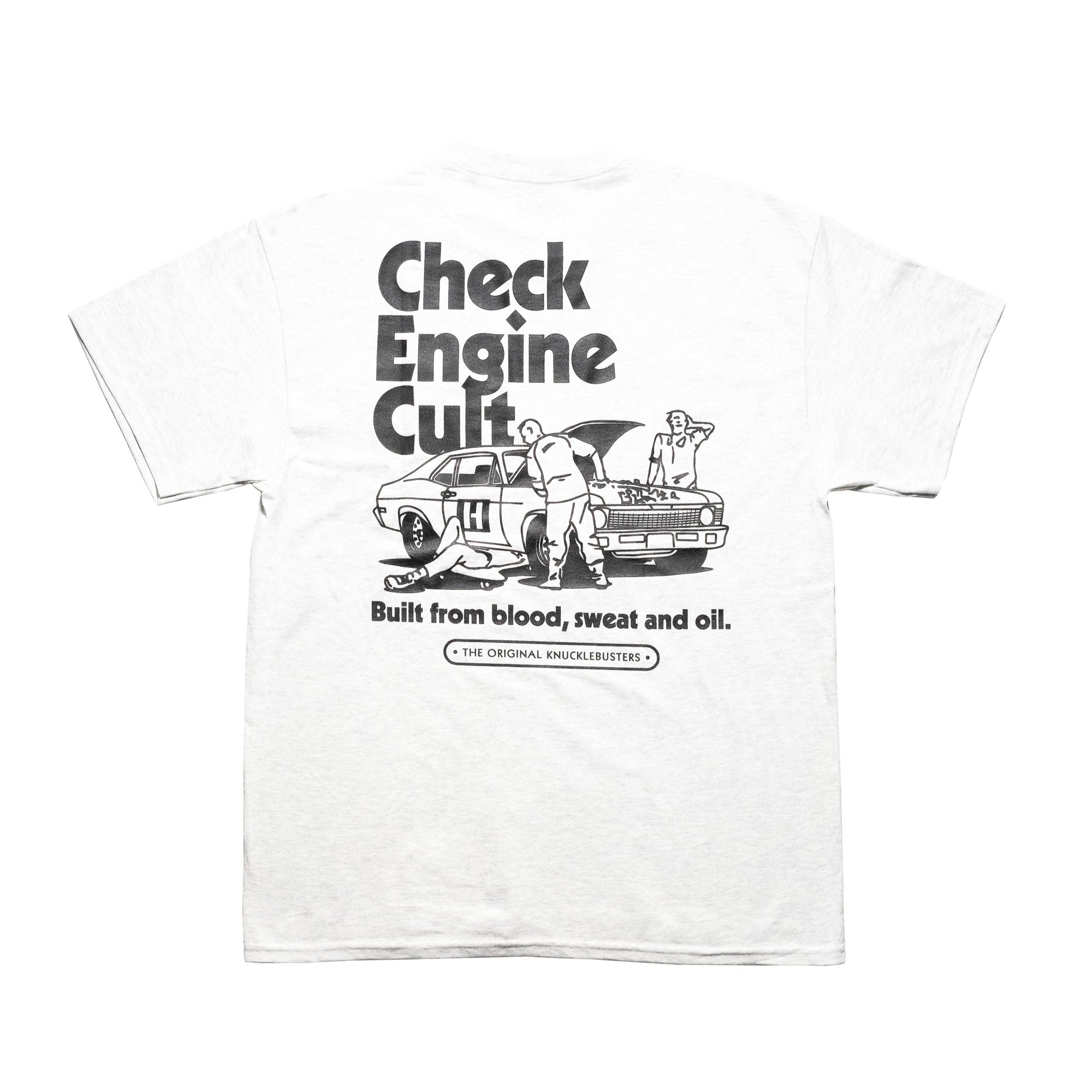 Hoonigan CHECK ENGINE CULT Short Sleeve Tee featuring a bold graphic design with a check engine light symbol on a black background.