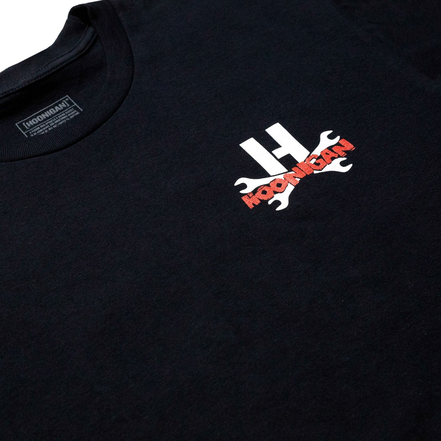Hoonigan DOUBLE FEATURE Short Sleeve Tee in black featuring bold graphic prints on the front and back.