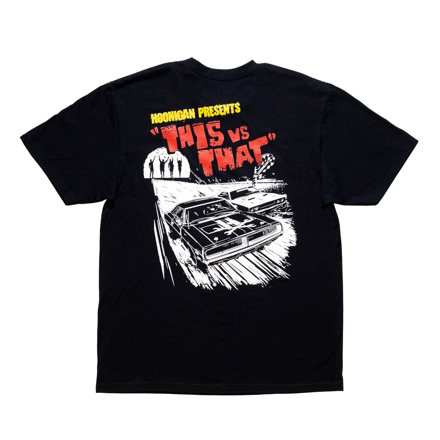 Hoonigan DOUBLE FEATURE Short Sleeve Tee featuring a bold graphic design on a black background.
