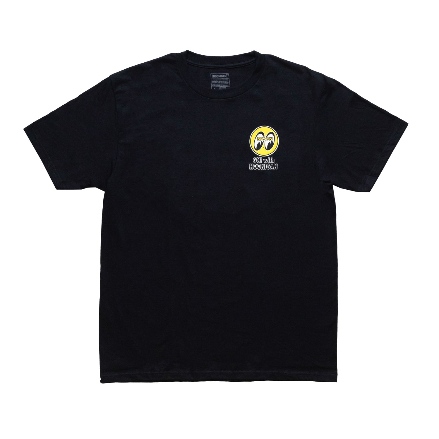 Hoonigan x Mooneyes "GO WITH HOON" black short sleeve tee featuring front logo graphic.