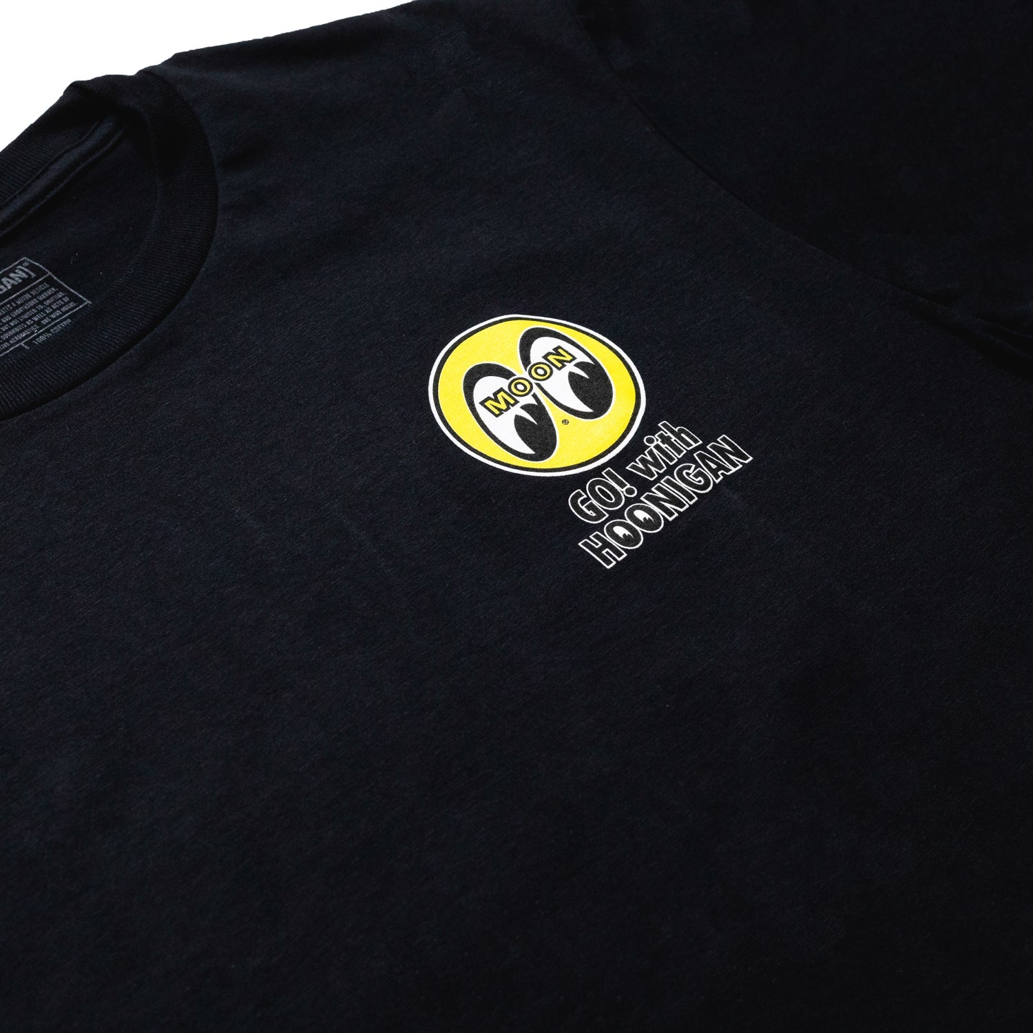 Hoonigan x Mooneyes black short sleeve tee featuring "GO WITH HOON" graphic on the front.