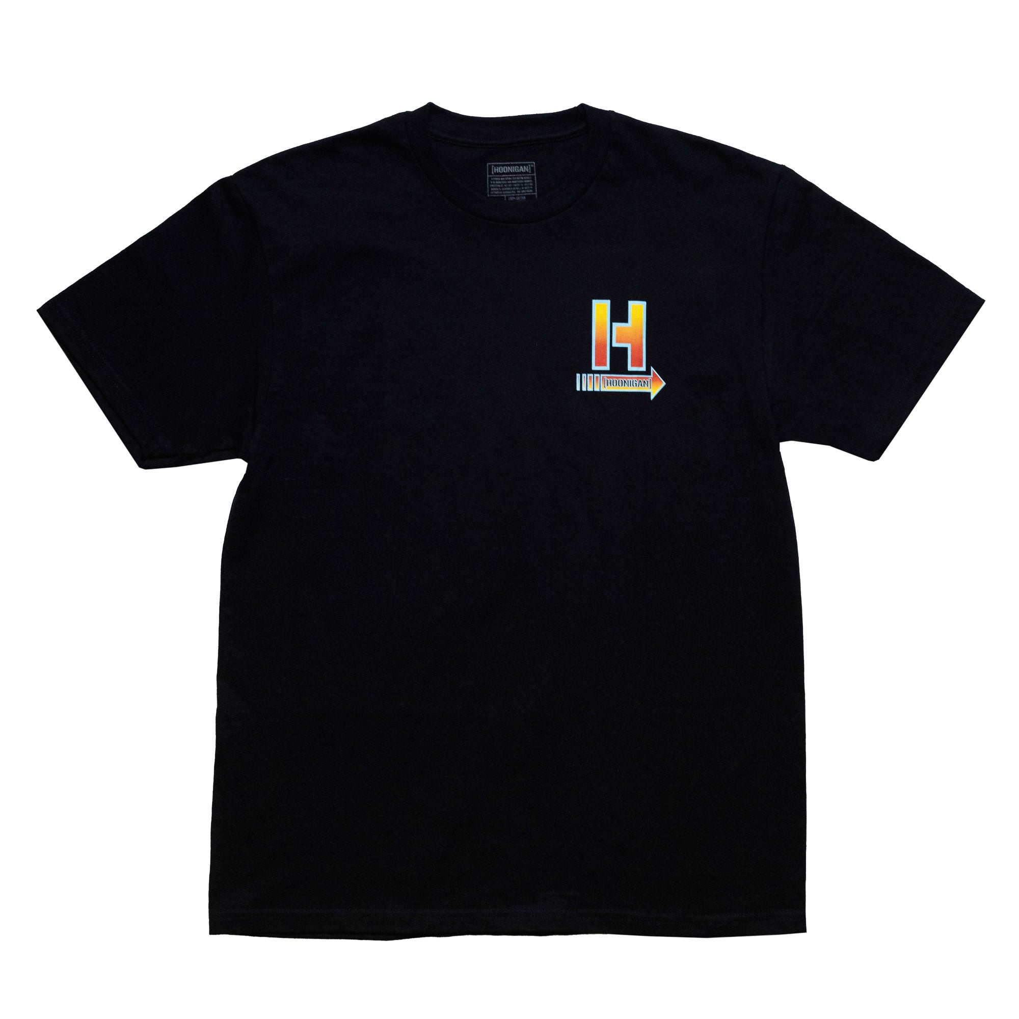 Hoonigan HOONCAPACITOR Short Sleeve Tee in black with graphic design featuring a car and electric elements.