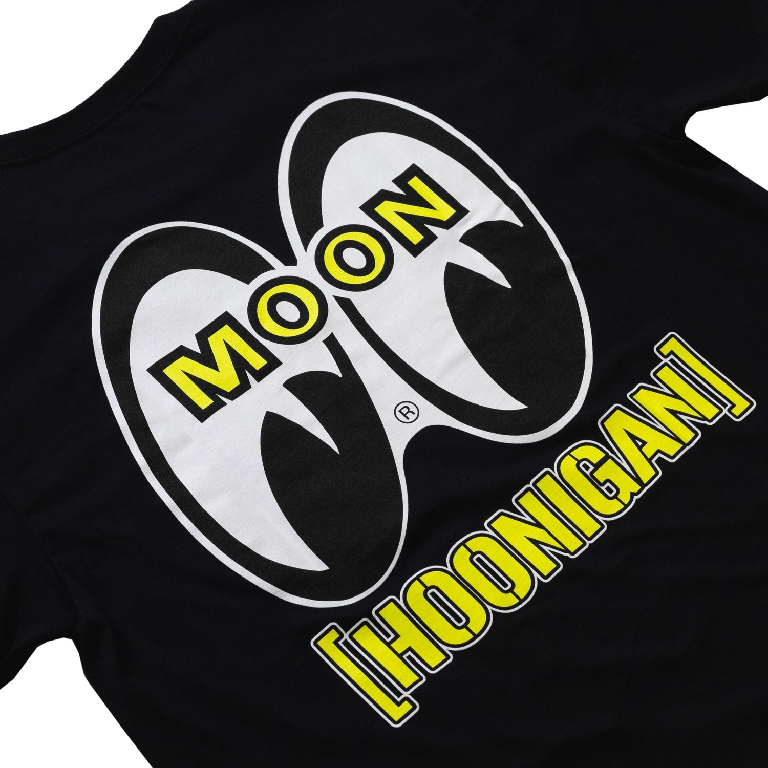Hoonigan x Mooneyes black short sleeve tee featuring "HOON AND MOON" graphic design.