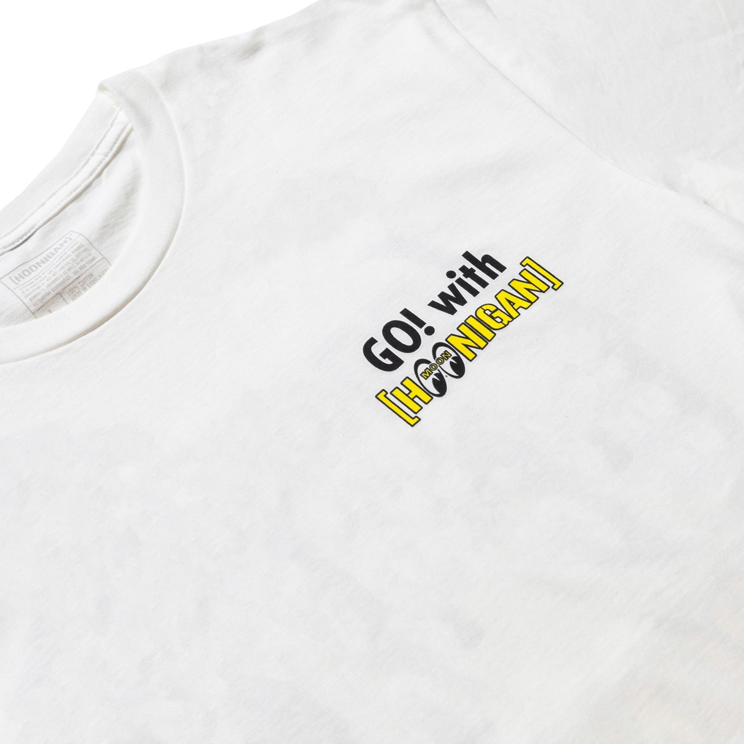 Hoonigan x Mooneyes short sleeve tee featuring a bold graphic design in black and yellow on a white background.