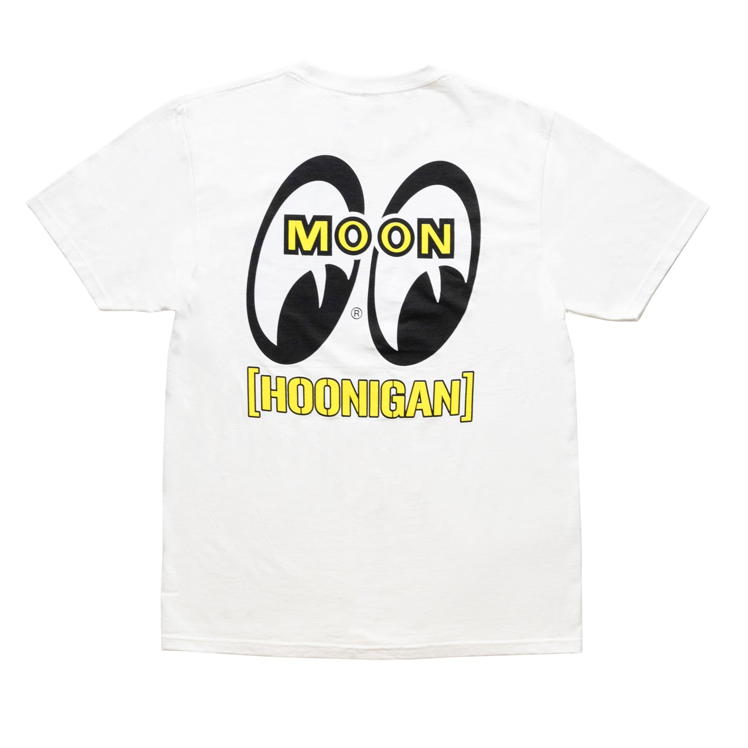 Hoonigan x Mooneyes HOON AND MOON white short sleeve tee featuring a front graphic design.