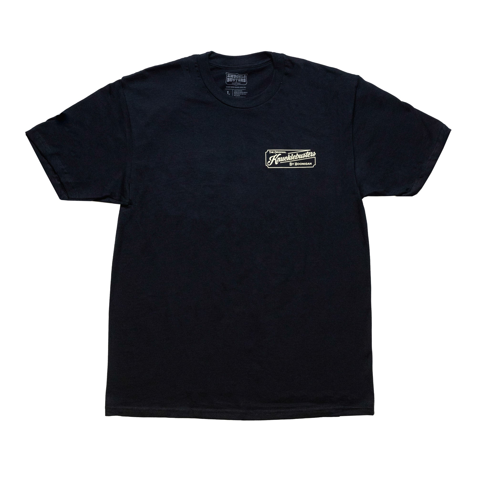 Black Hoonigan KNUCKLEBUSTERS AUTO REPAIR short sleeve tee with graphic print on front.