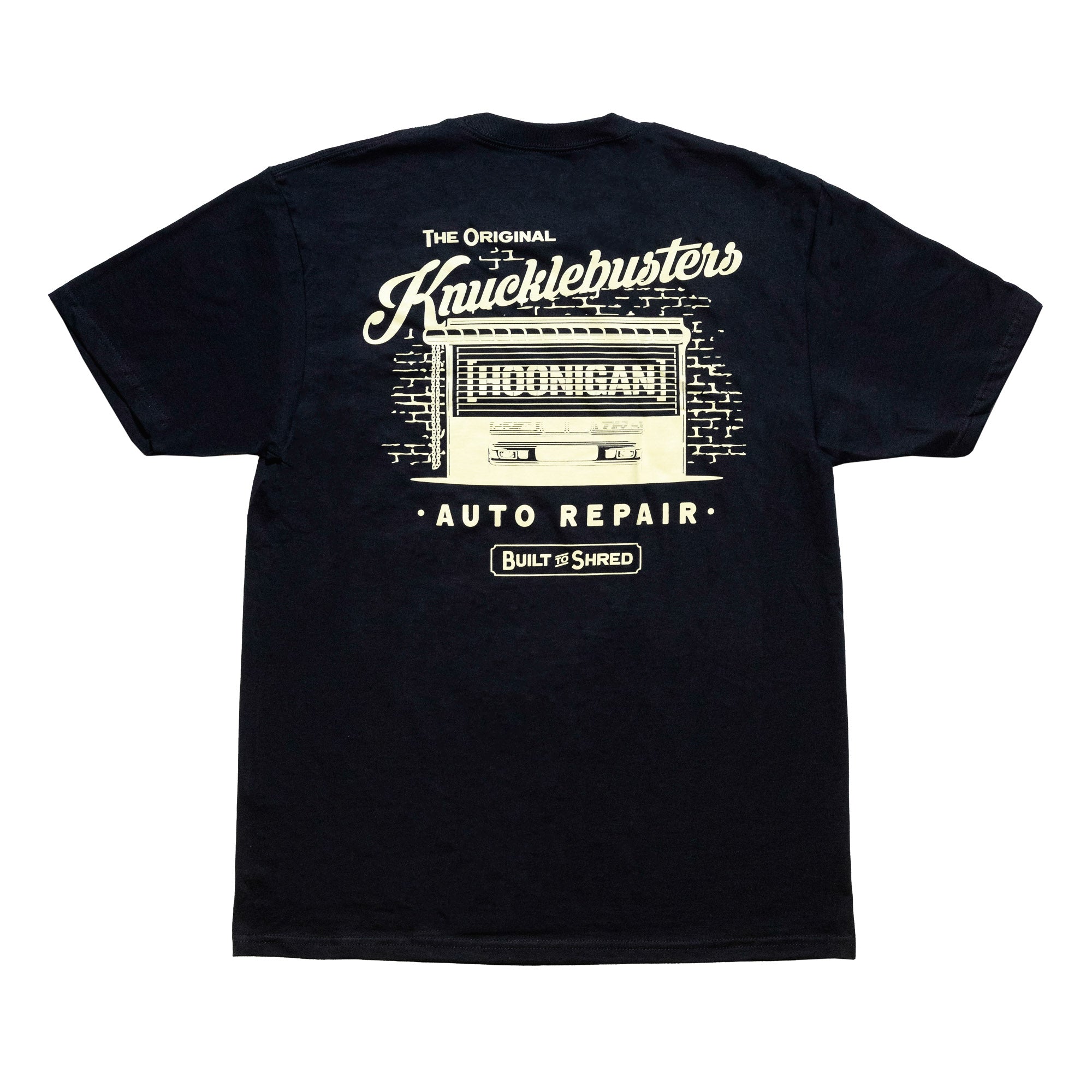 Hoonigan KNUCKLEBUSTERS AUTO REPAIR black short sleeve t-shirt with graphic print.