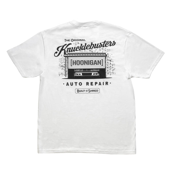 Hoonigan KNUCKLEBUSTERS AUTO REPAIR Short Sleeve Tee in white featuring a graphic logo on the front.