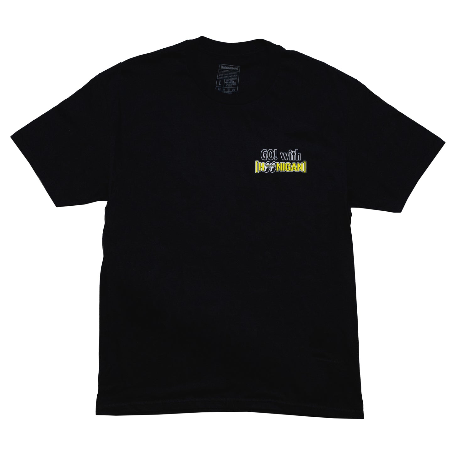 Black short sleeve t-shirt featuring Hoonigan and Mooneyes logos, with a vibrant graphic mascot print on the front.