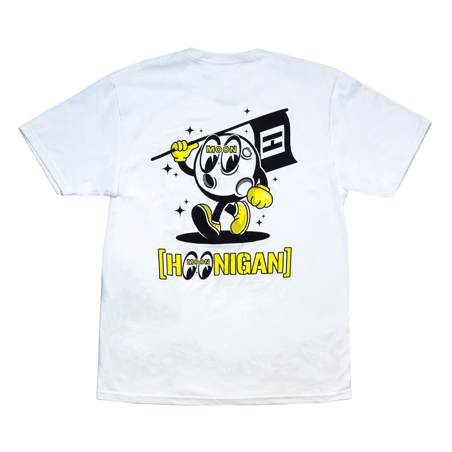 Hoonigan x Mooneyes MASCOT Short Sleeve Tee featuring a white design with an eye-catching graphic print on the front.
