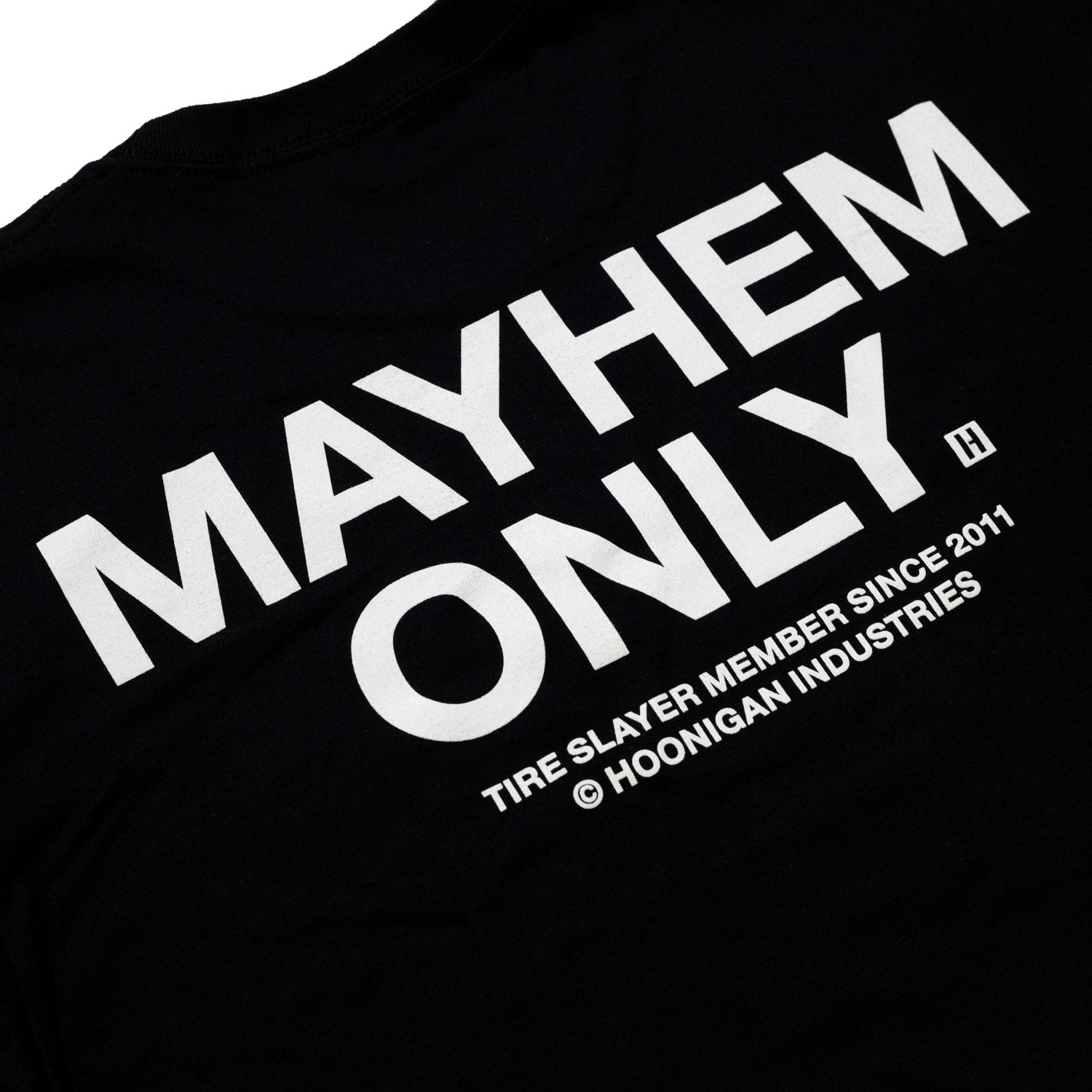 Hoonigan MAYHEM Short Sleeve Tee featuring a bold graphic design on a black background.