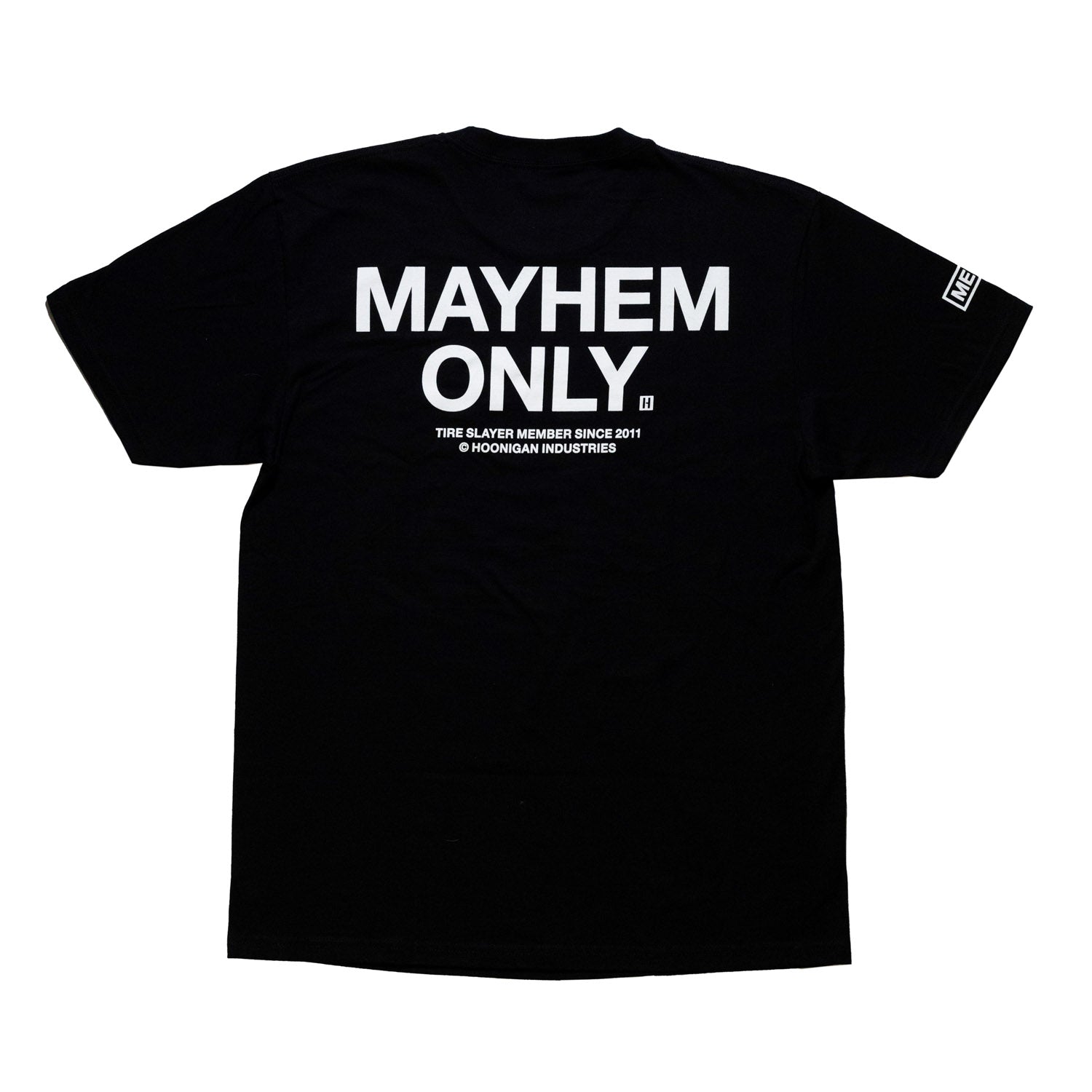 Hoonigan MAYHEM Short Sleeve Tee featuring bold graphic design and relaxed fit, on a plain white background.