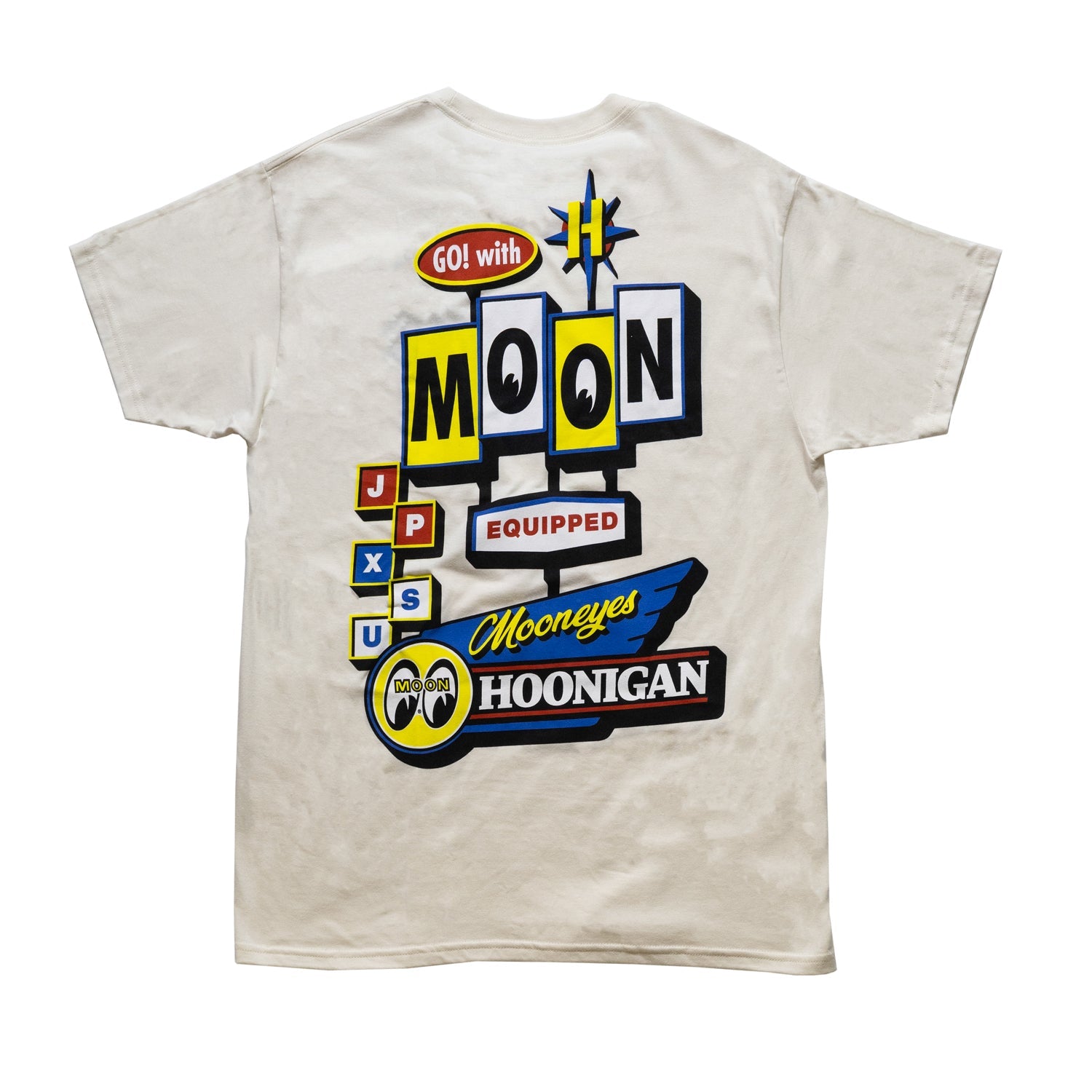Hoonigan x Mooneyes MOONMOTEL Short Sleeve Tee featuring a vintage-inspired graphic design on a natural color fabric.