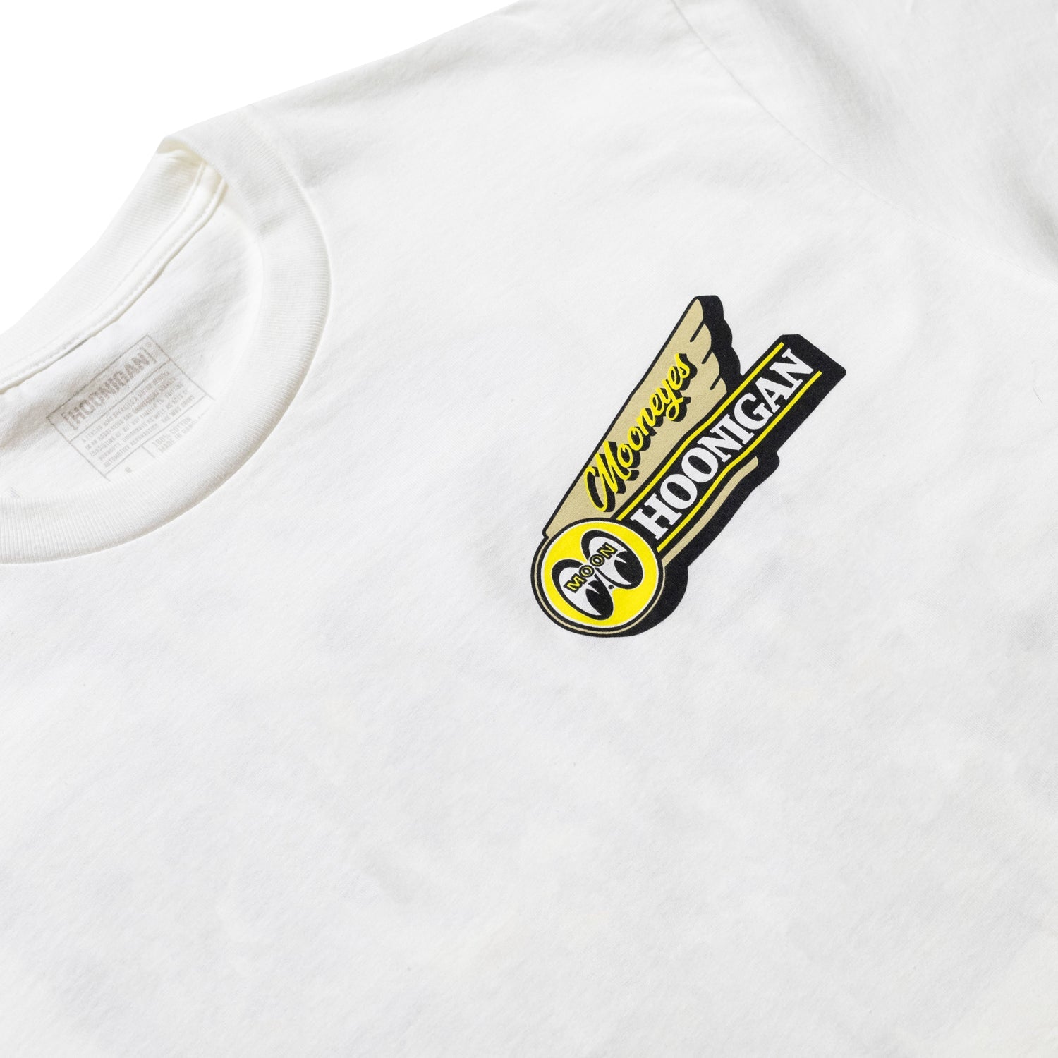 Hoonigan x Mooneyes MOONMOTEL Short Sleeve Tee in white with black graphics and logo design.