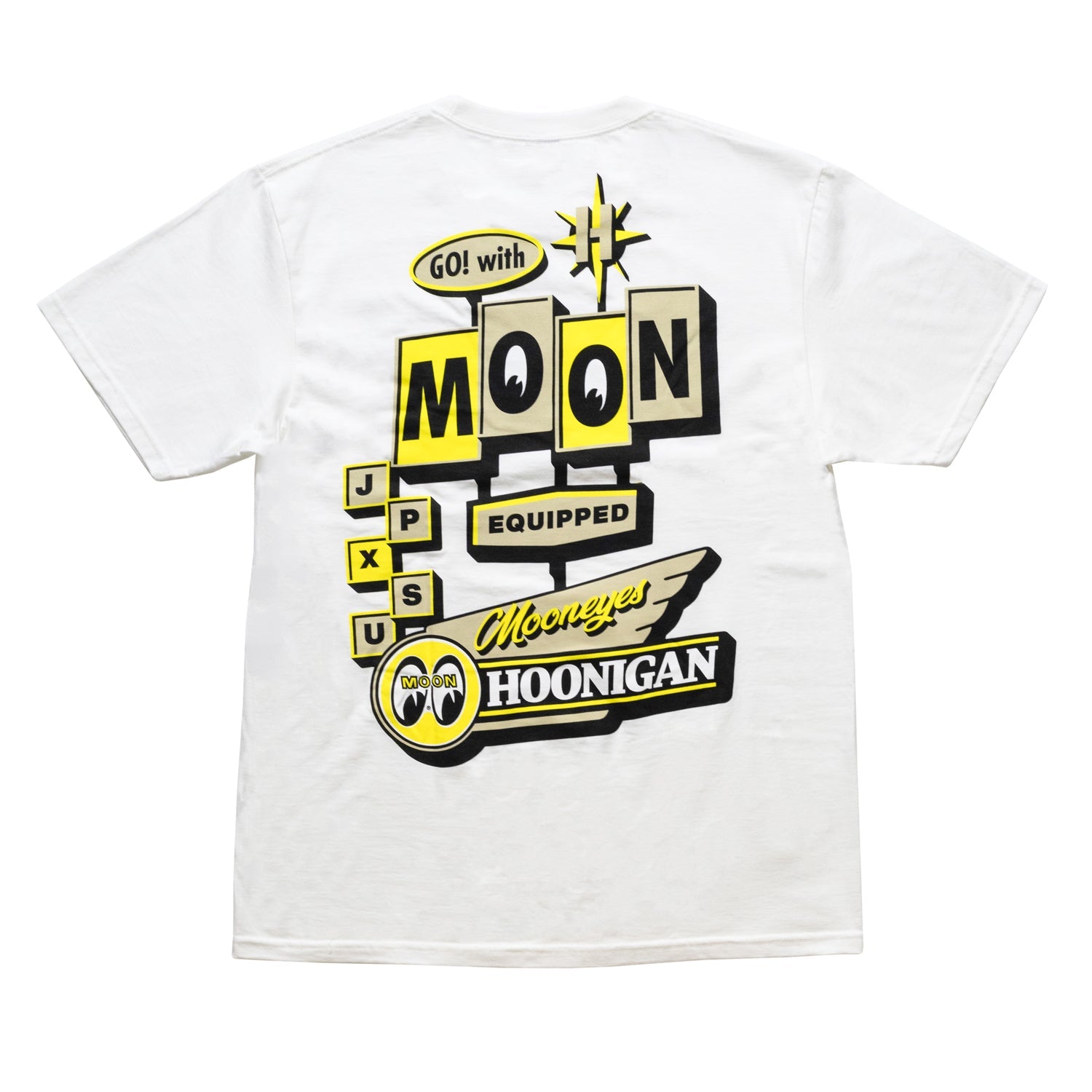 Hoonigan x Mooneyes MOONMOTEL white short sleeve tee featuring a retro motel graphic on the front.