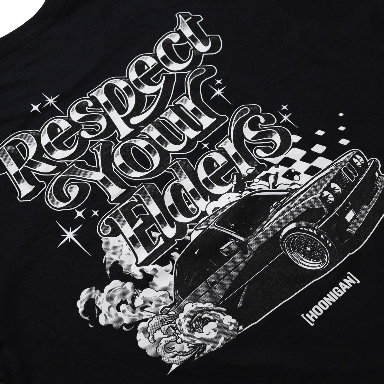 Hoonigan RESPECT YOUR ELDERS Short Sleeve Tee featuring a graphic design on a black fabric.