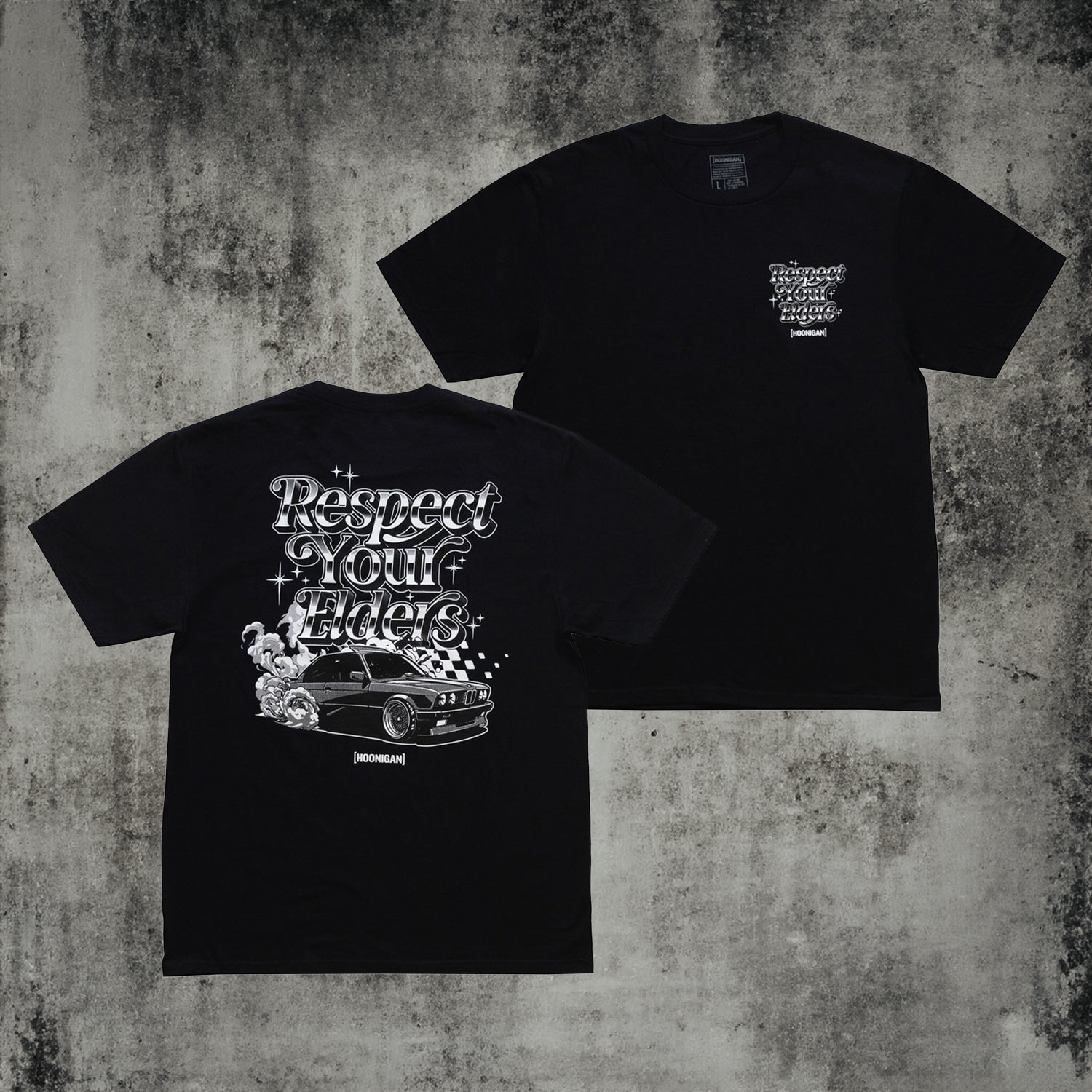 Hoonigan RESPECT YOUR ELDERS Short Sleeve Tee featuring bold graphic design on a black background.