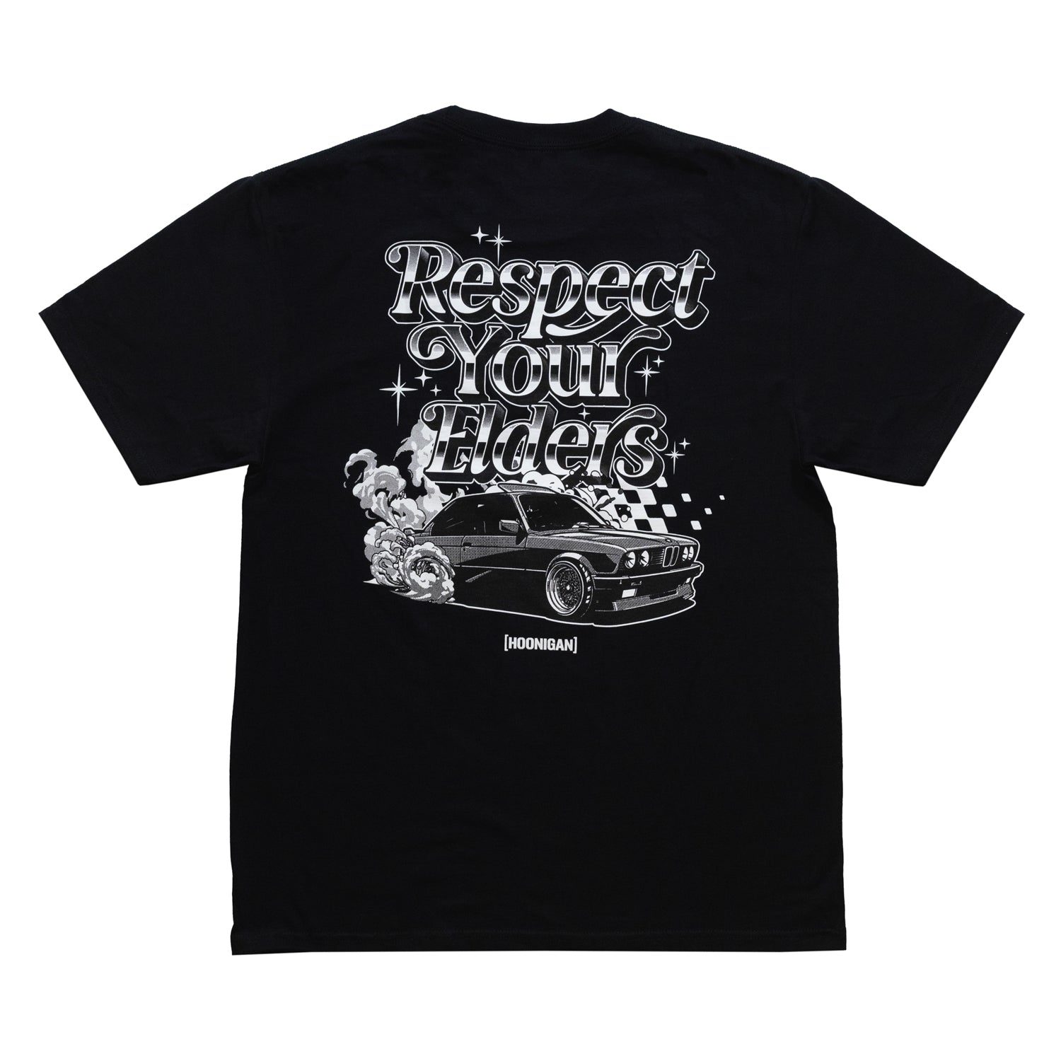 Hoonigan RESPECT YOUR ELDERS Short Sleeve Tee in black with white text design, featuring a bold graphic on the front.
