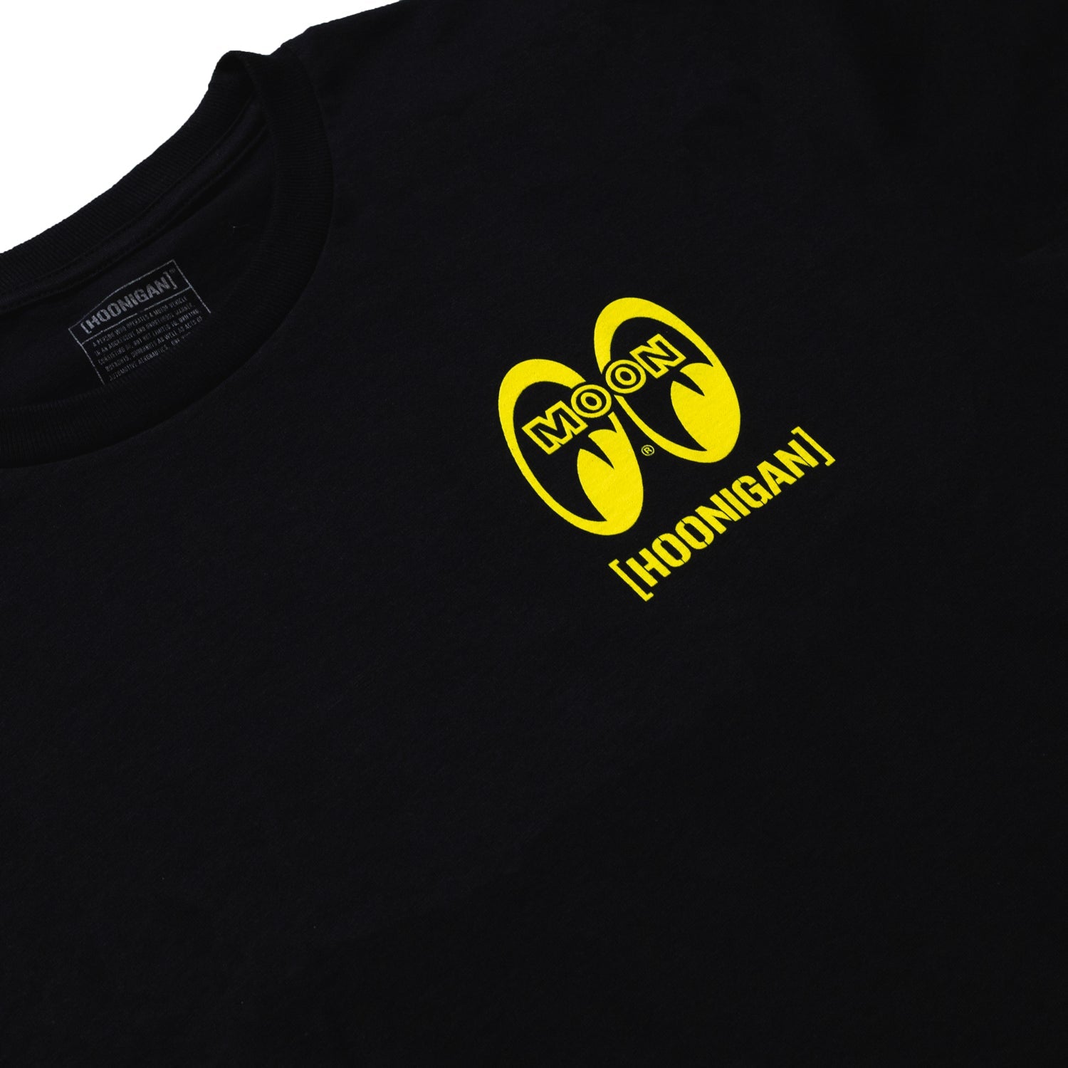 Hoonigan x Mooneyes SOCAL Short Sleeve Tee featuring a black design with colorful graphic logos on the front and back.