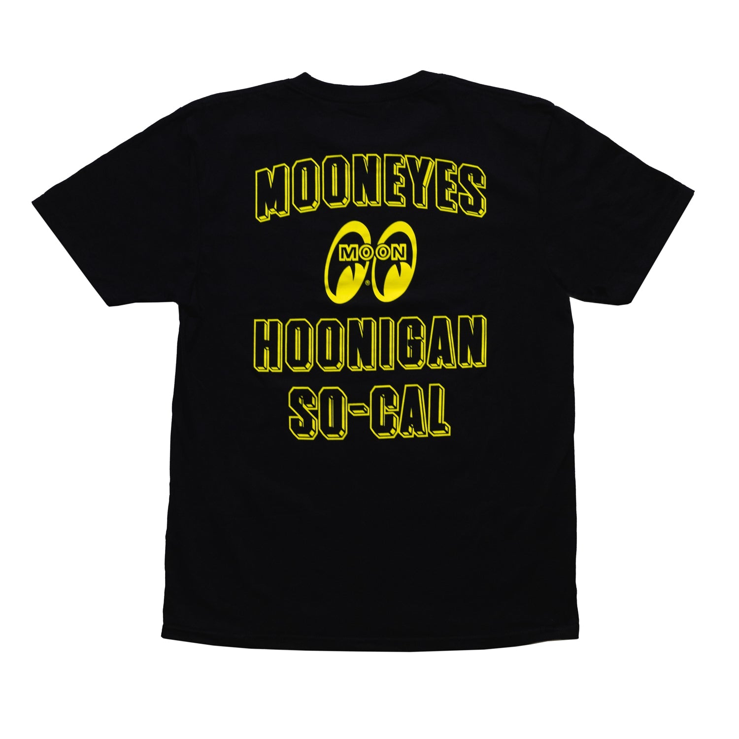 Hoonigan x Mooneyes SOCAL Short Sleeve Tee featuring a graphic logo design in black and yellow on a white background.