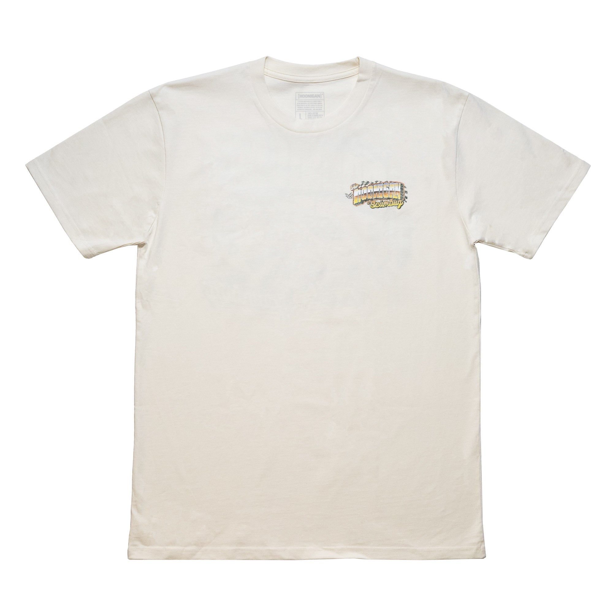 Cream short sleeve t-shirt featuring a colorful Hoonigan SCUMBUG graphic on the chest, perfect for car culture enthusiasts.
