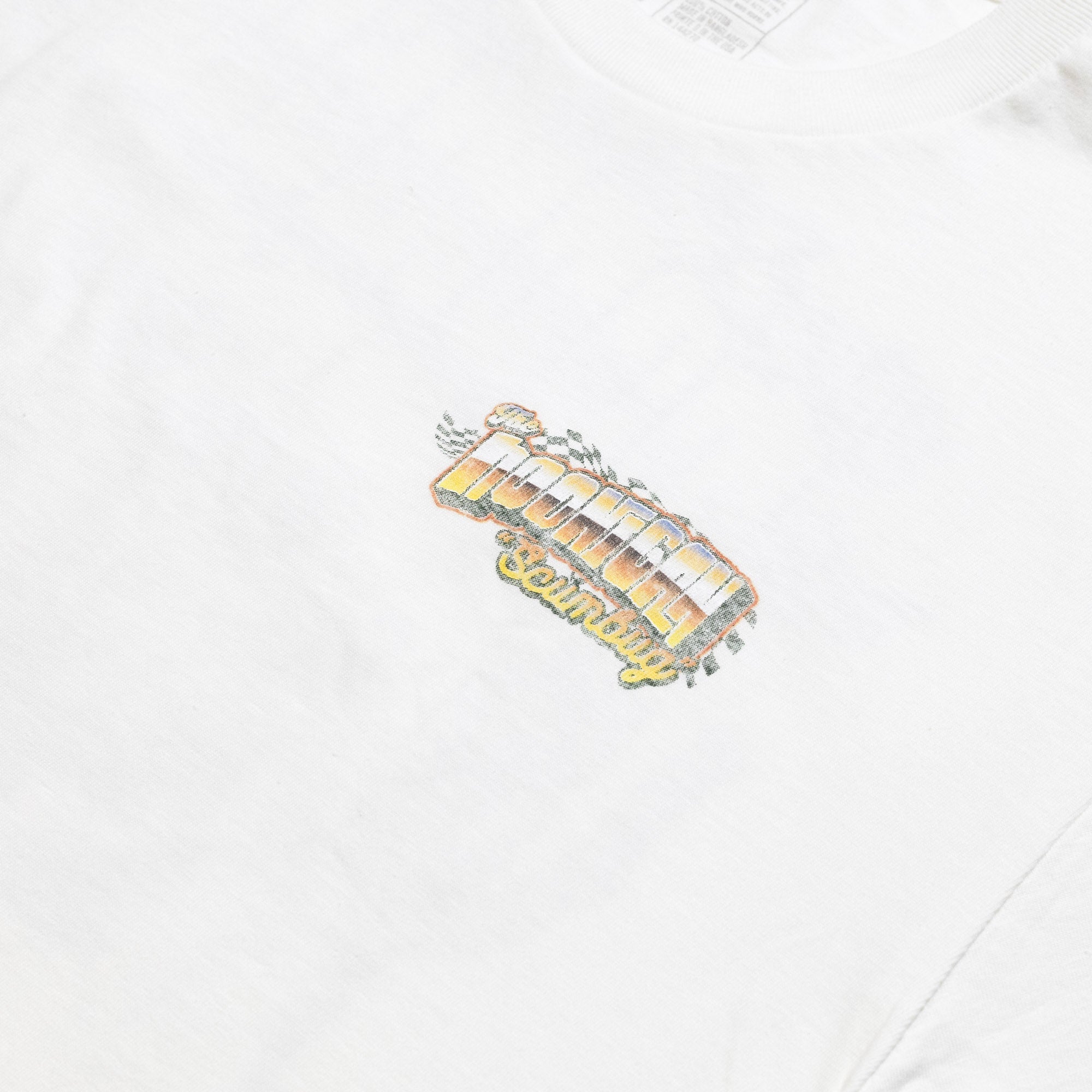 White short sleeve t-shirt featuring a colorful Hoonigan SCUMBUG graphic logo, perfect for motorsport enthusiasts.