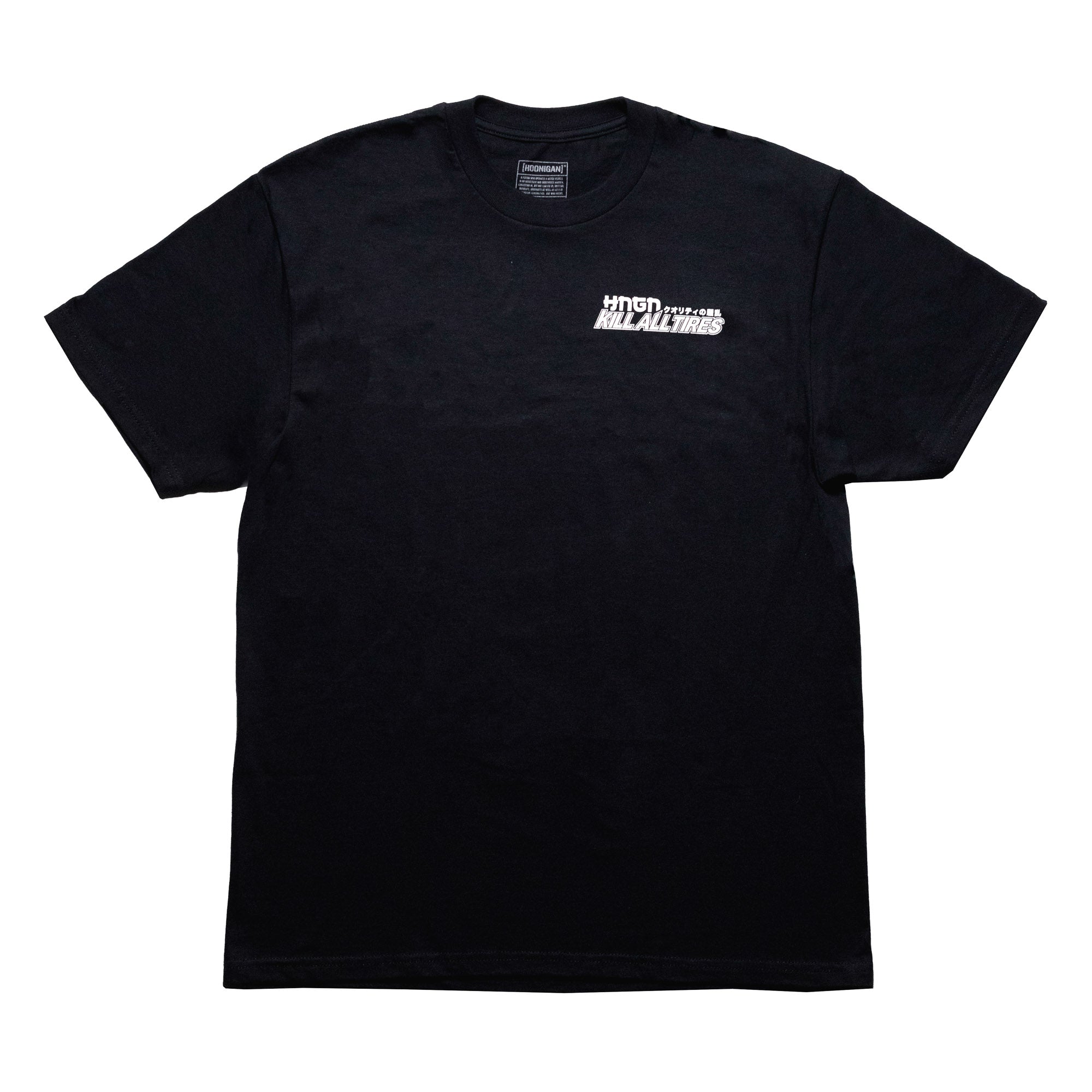 Black short sleeve tee featuring the Hoonigan logo and "WANGAN" graphic, perfect for automotive enthusiasts.