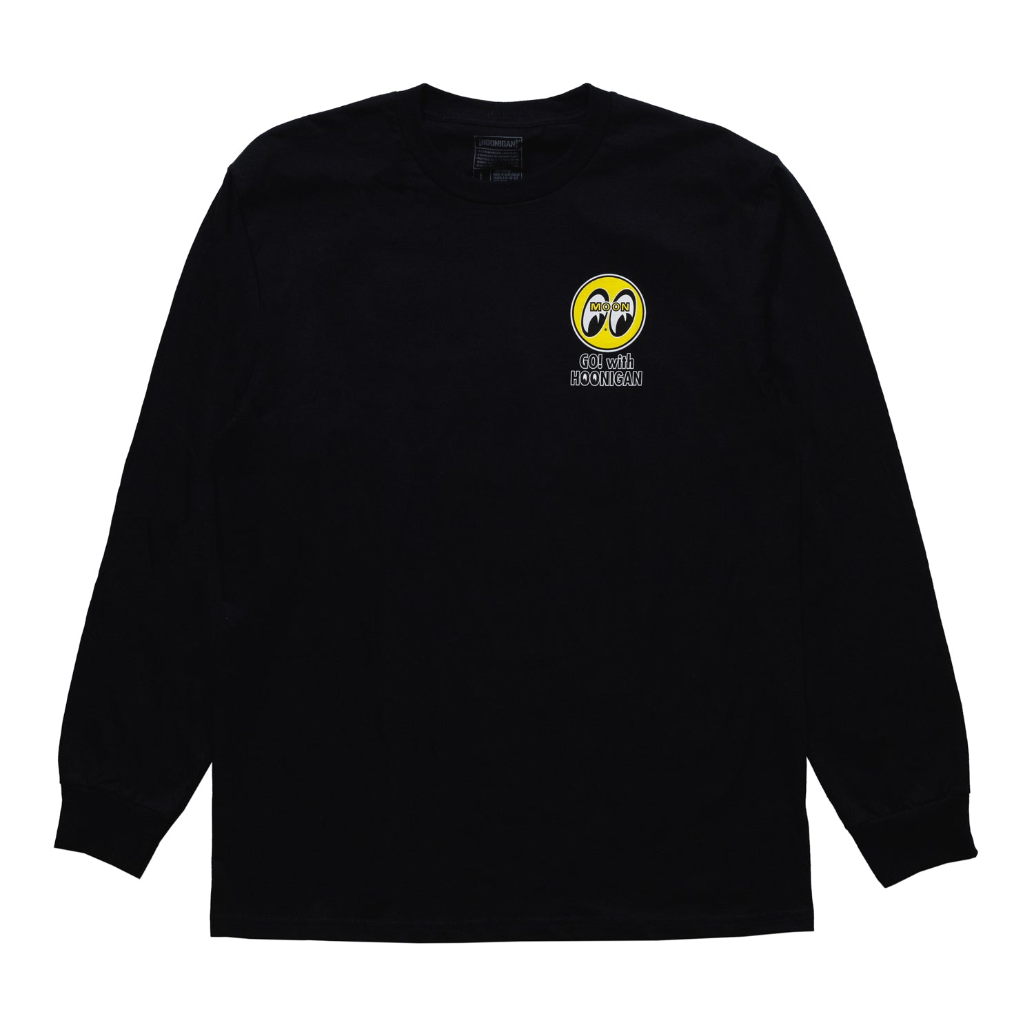 Hoonigan x Mooneyes black long sleeve tee featuring "GO WITH HOON" graphic design on the front.