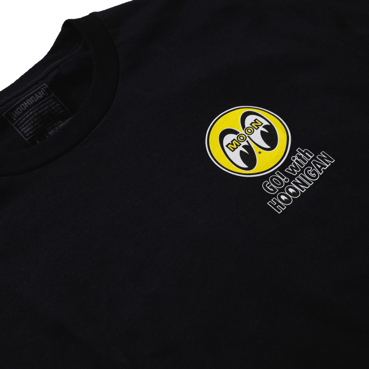 Hoonigan x Mooneyes 'GO WITH HOON' black long sleeve tee with white graphic logo on front and back.