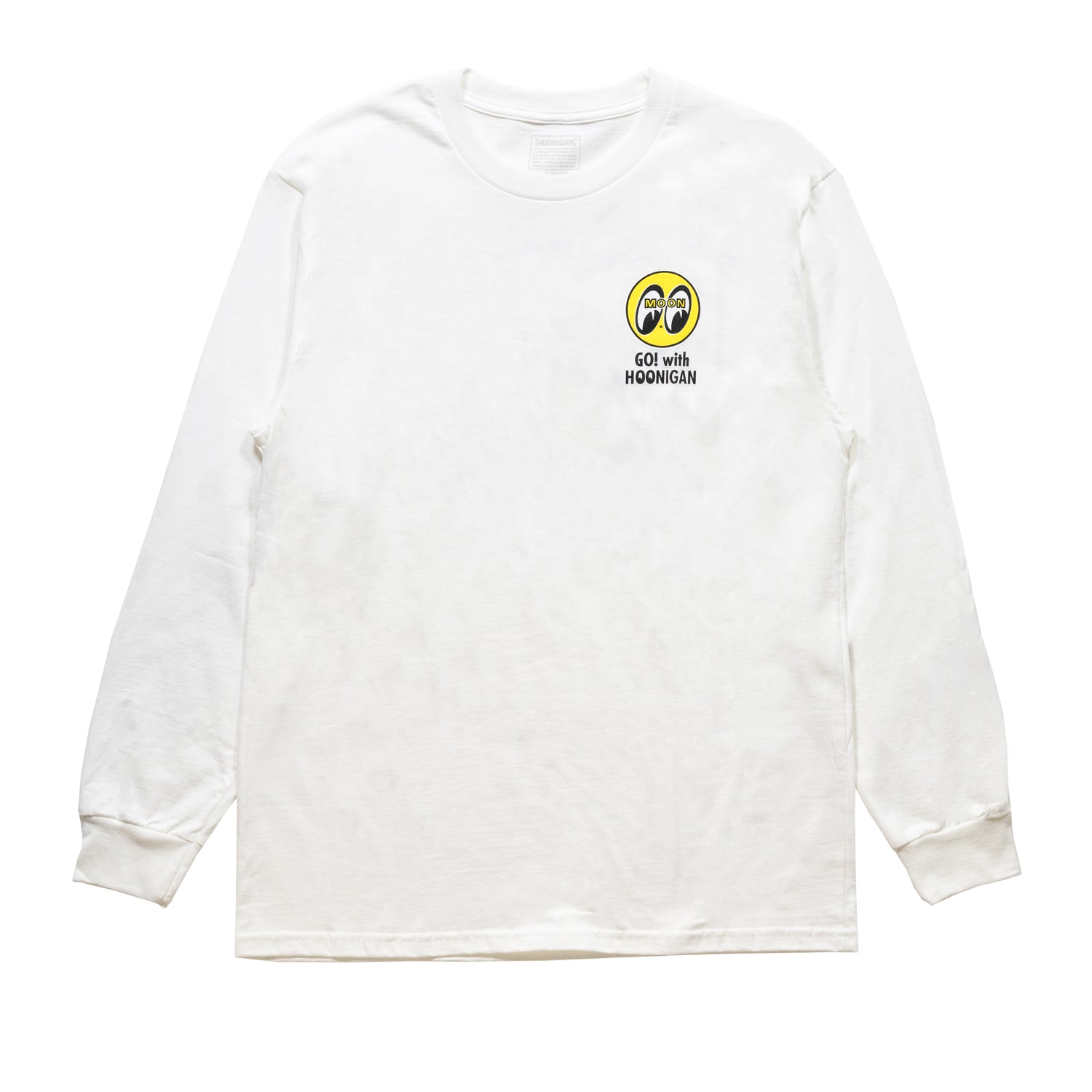 Hoonigan x Mooneyes "GO WITH HOON" Long Sleeve Tee in white, featuring bold graphic designs and a relaxed fit.