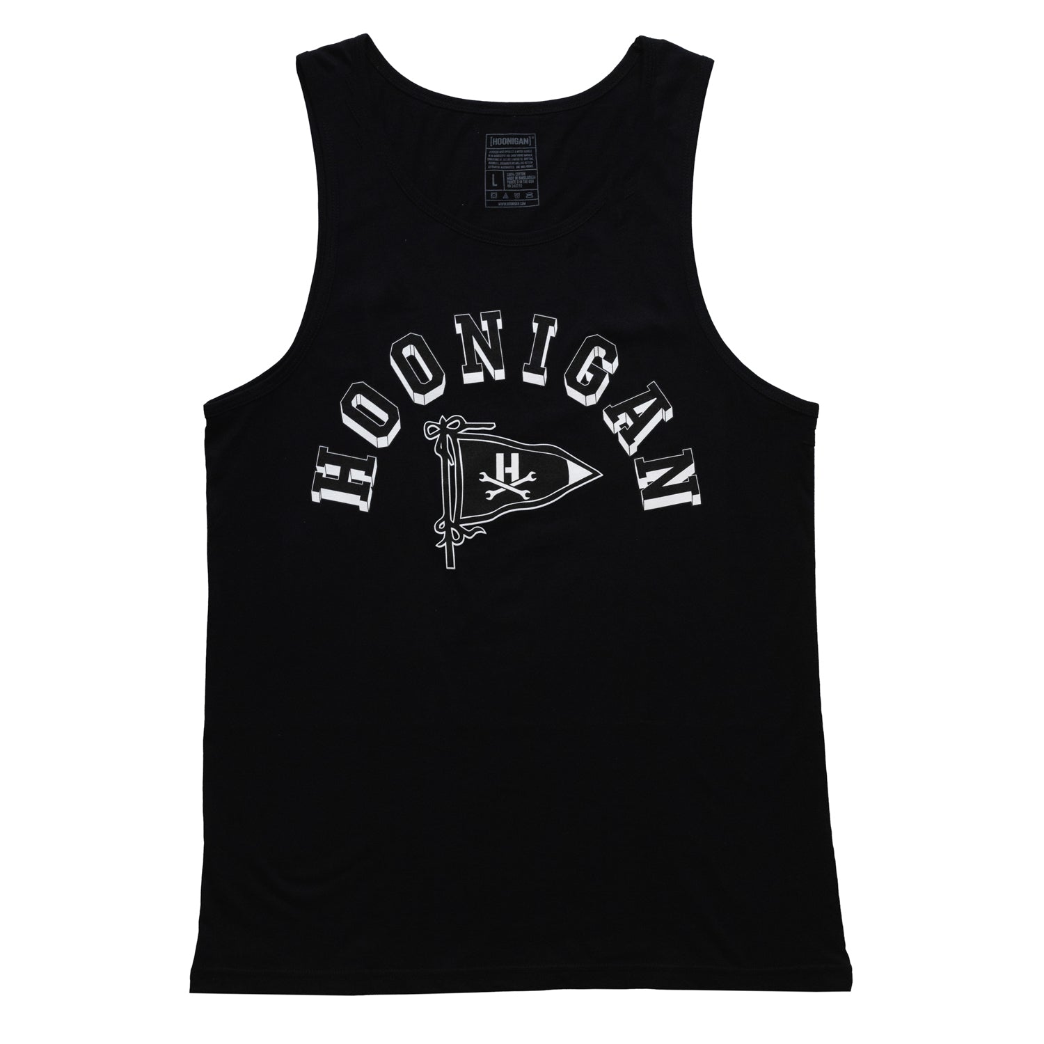 Black Hoonigan BASE Tank Top featuring a bold white logo printed on the front.