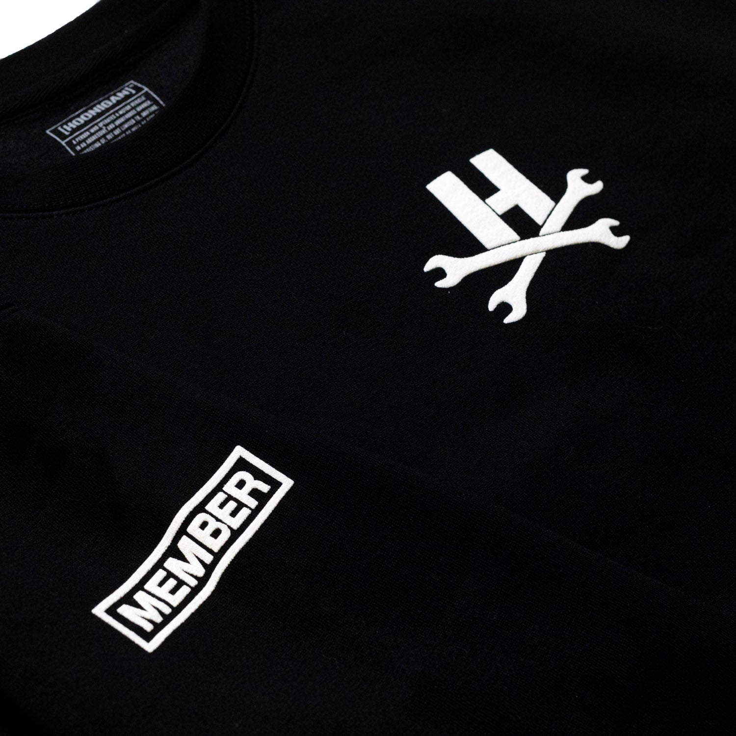 Hoonigan MAYHEM Crewneck Pullover Sweatshirt in black with bold white graphics and a relaxed fit.