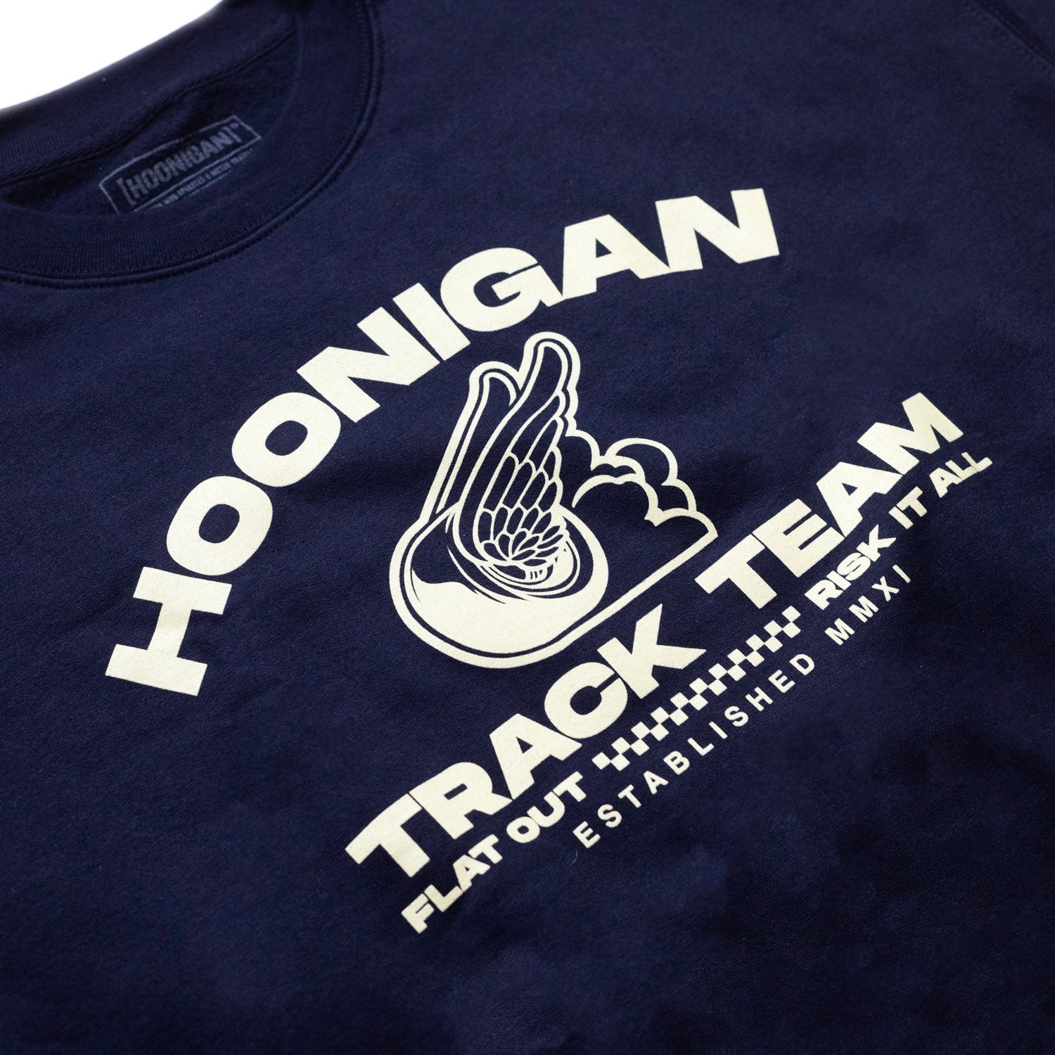 Hoonigan TRACK TEAM pullover sweatshirt in black, featuring a bold white logo and graphic design on the front.
